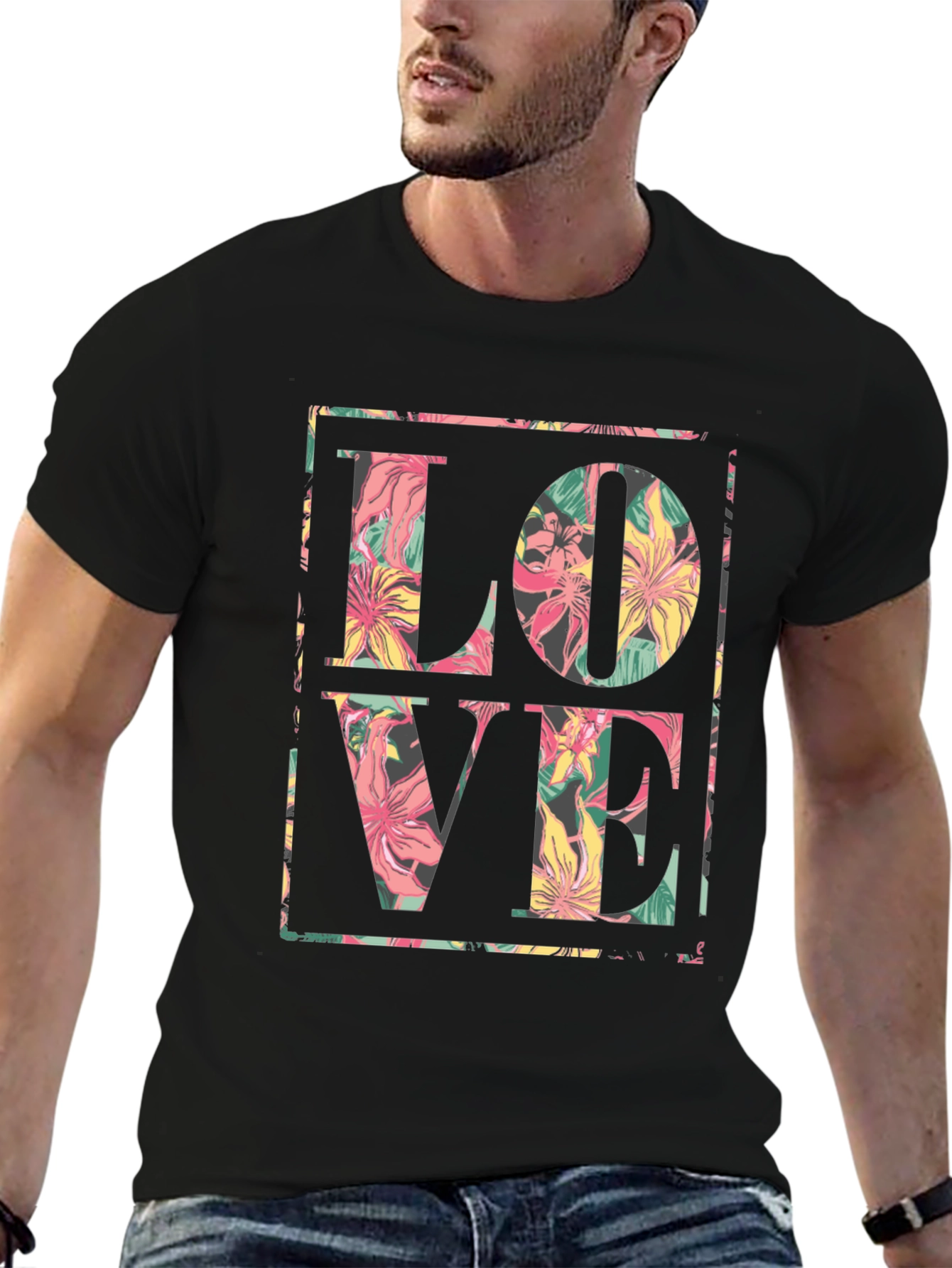 Floral LOVE Graphic Black T-Shirt