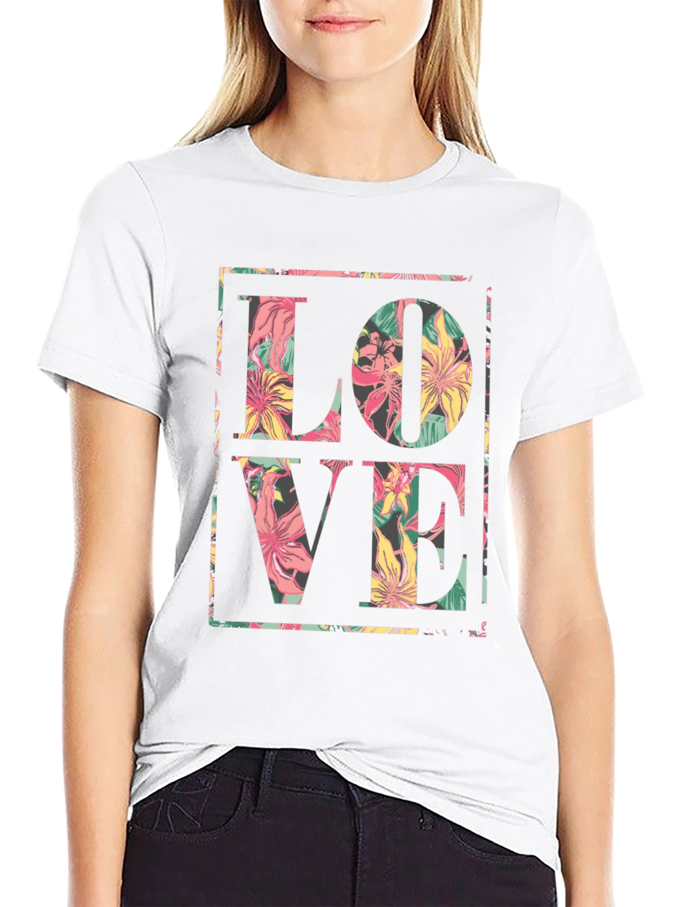 Floral LOVE Graphic Black T-Shirt