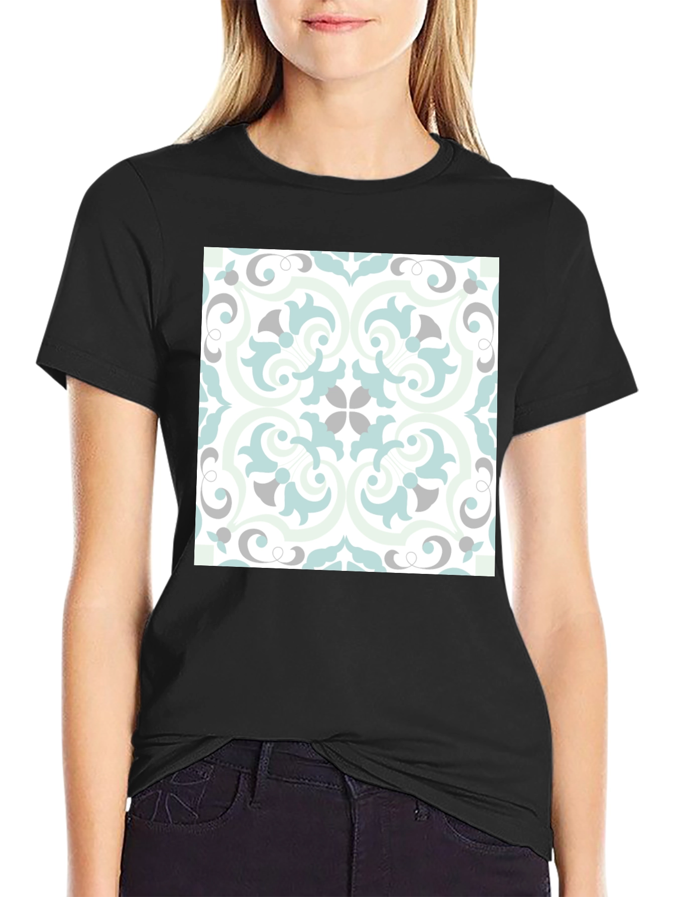 Stylish Black Tee with Ornate Tile Design