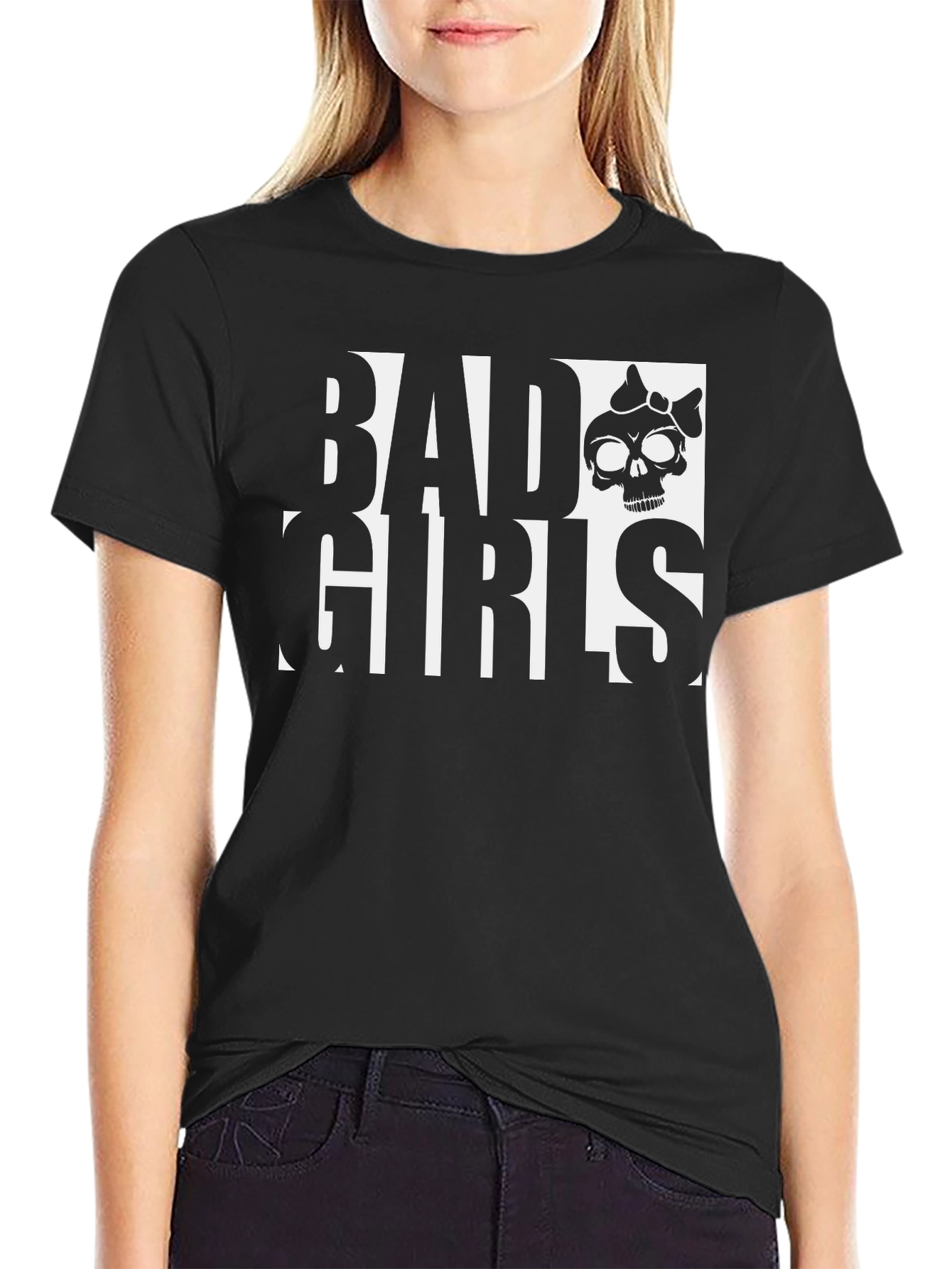 Bad Girls Skull Graphic Tee - Black Cotton T-Shirt