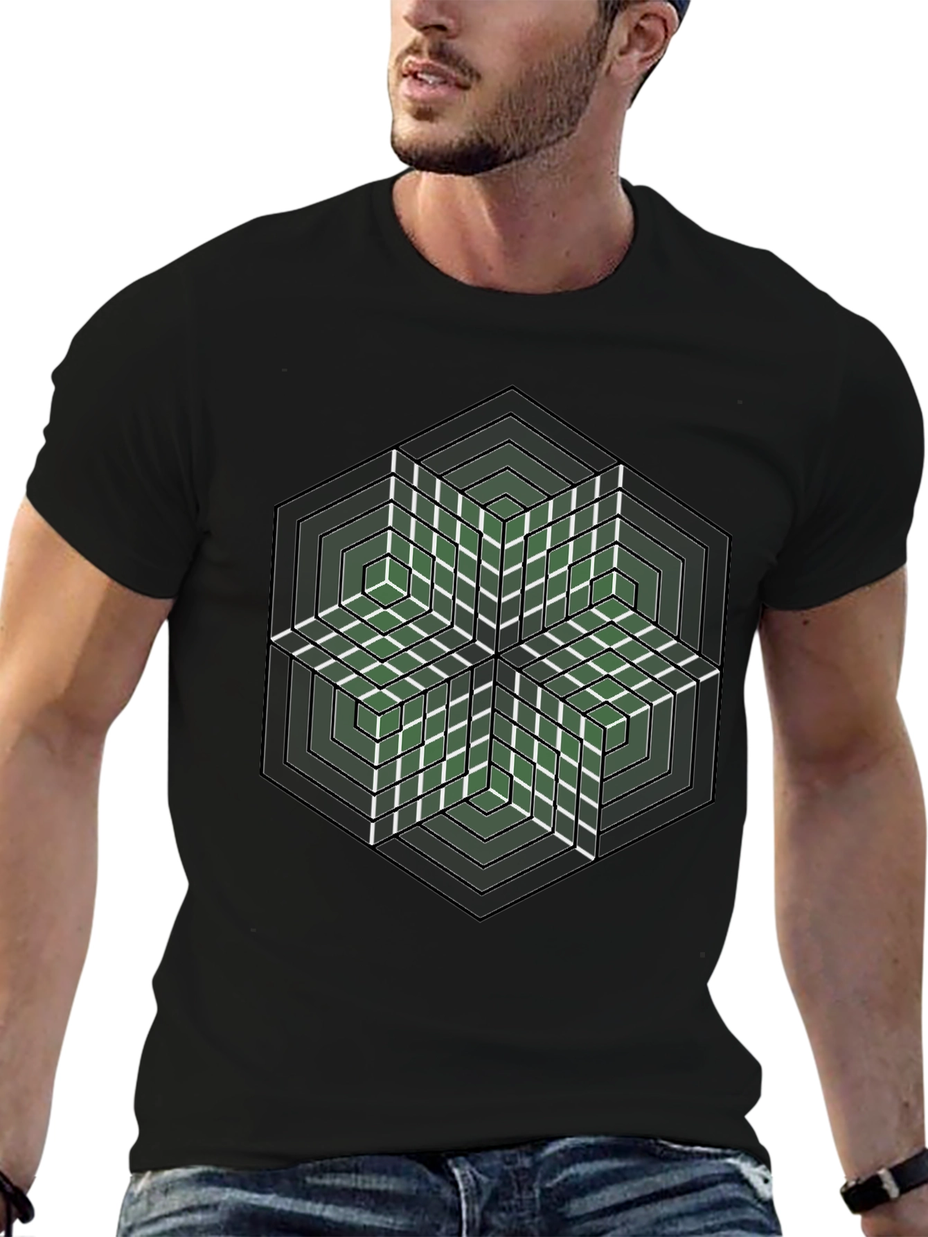 Geometric Hexagon Illusion Graphic Tee - Black
