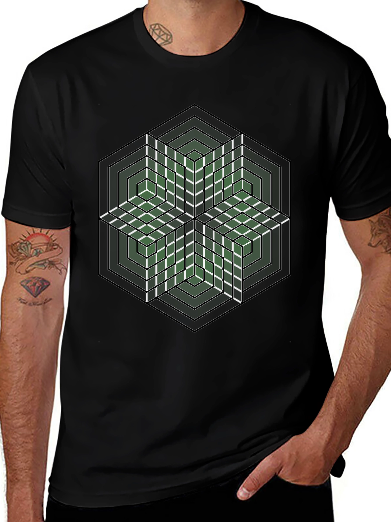 Geometric Hexagon Illusion Graphic Tee - Black