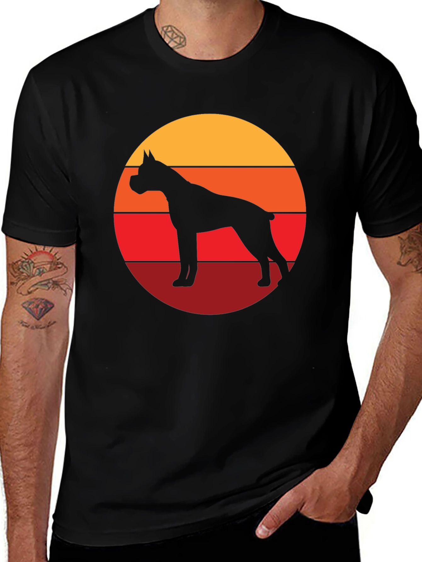 Boxer Dog Silhouette Sunset Graphic Tee - Black