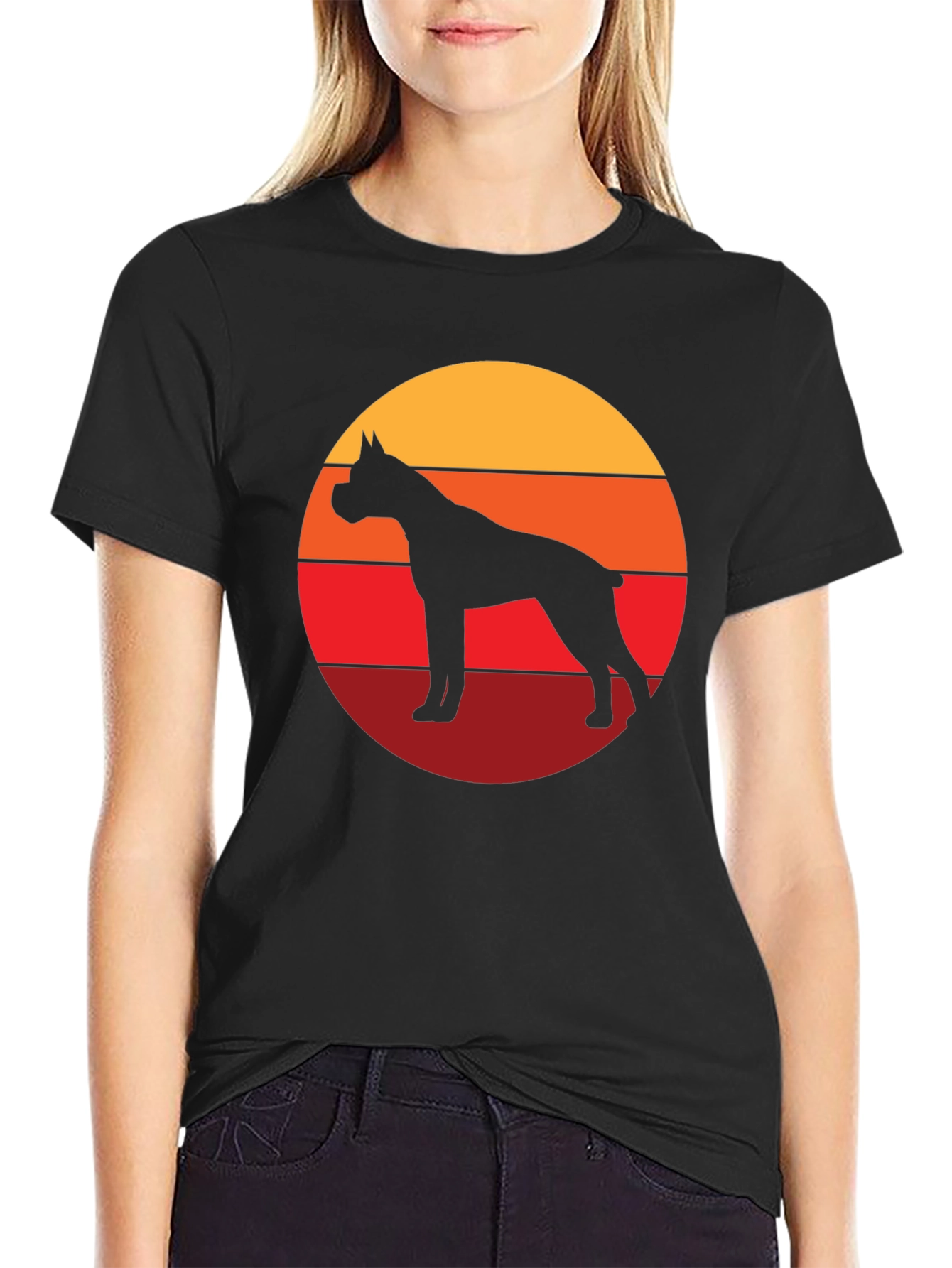 Boxer Dog Silhouette Sunset Graphic Tee - Black