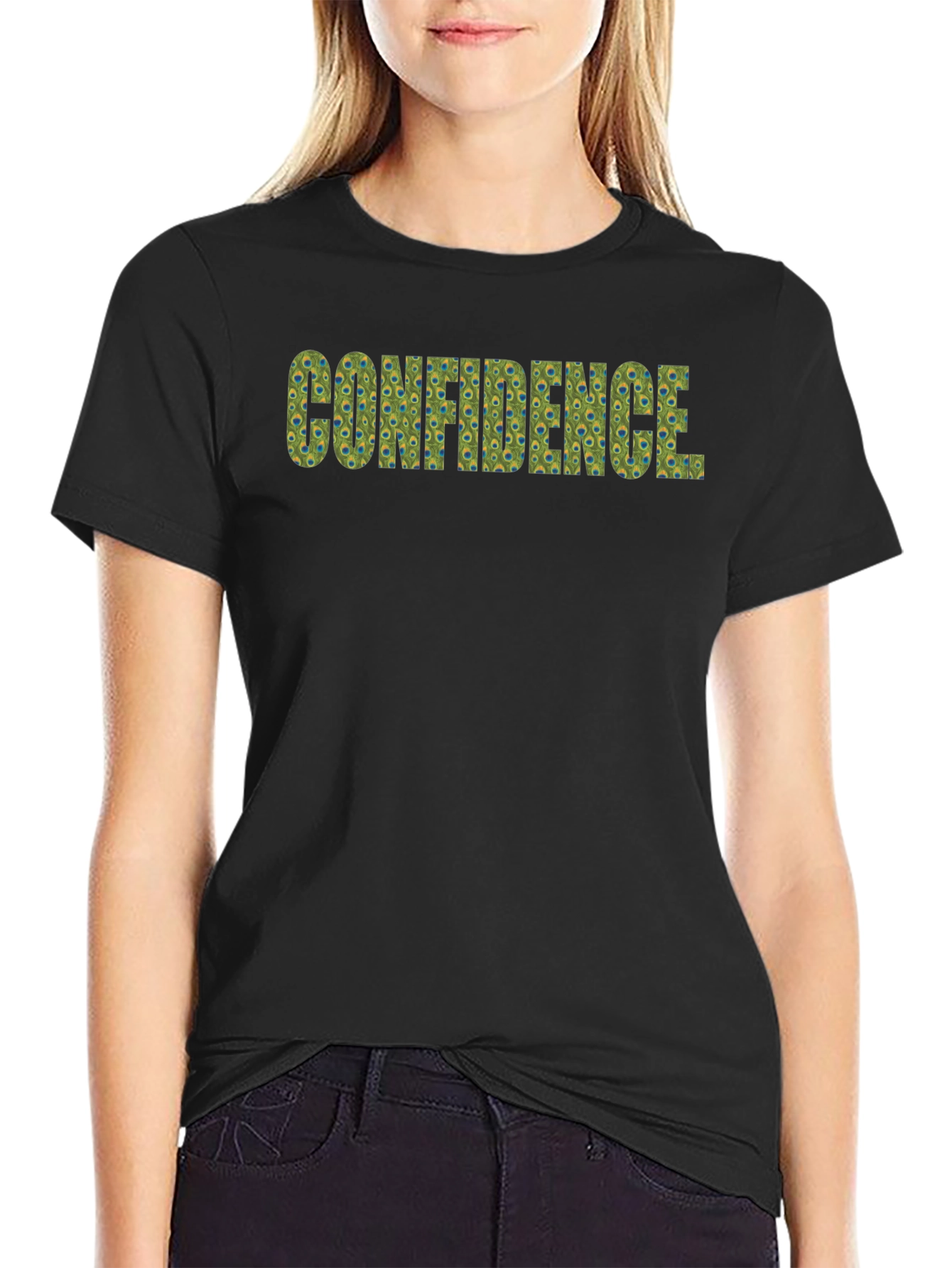 Confidence Peacock Feather Pattern Black T-Shirt