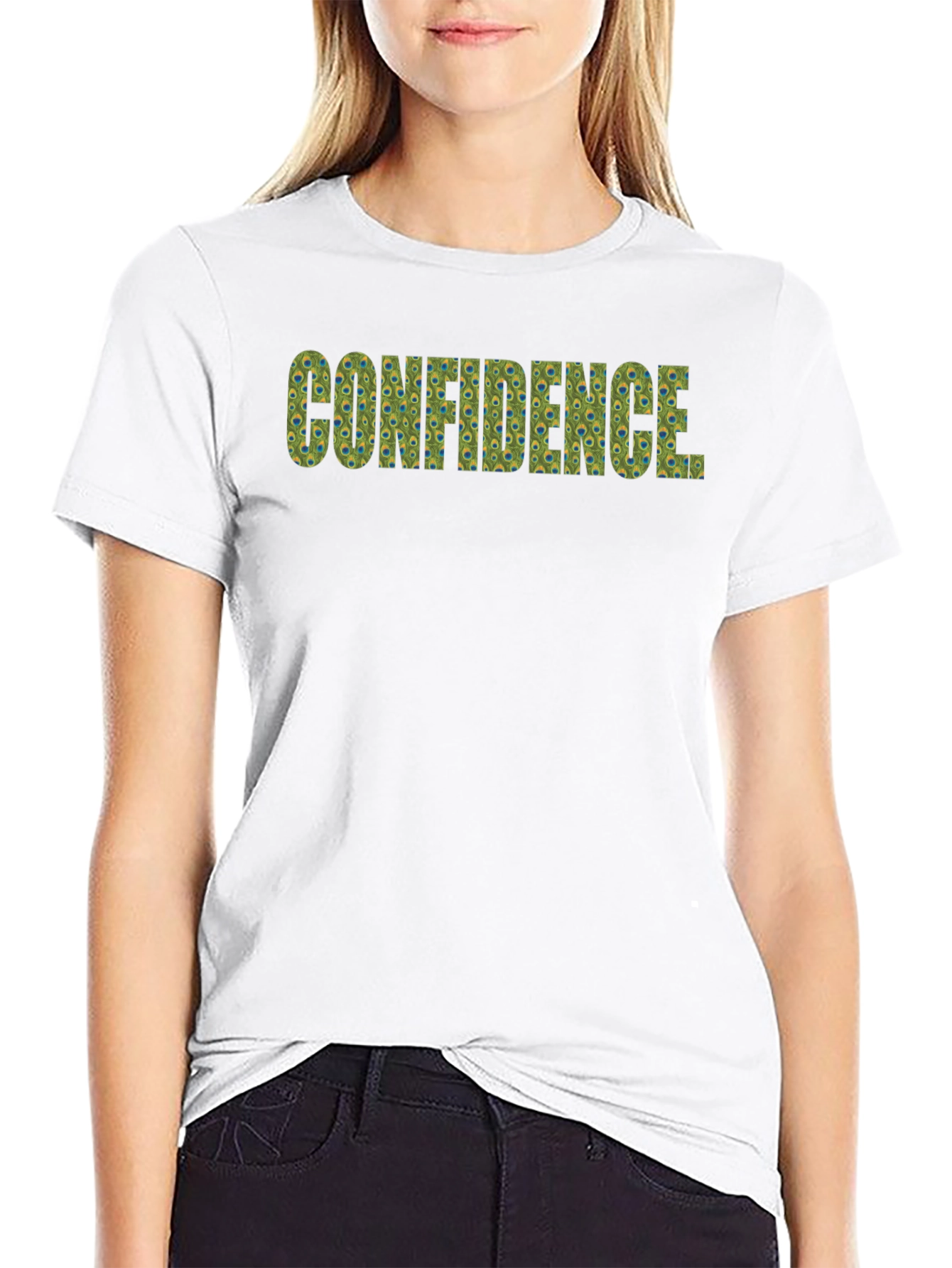 Confidence Peacock Feather Pattern Black T-Shirt