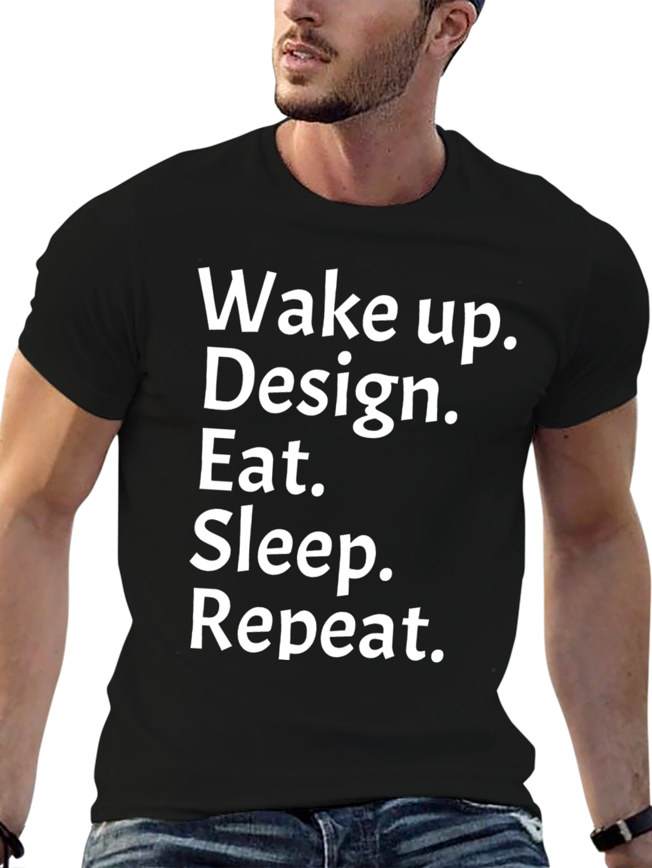Wake Up Design Eat Sleep Repeat Black Graphic T-Shirt