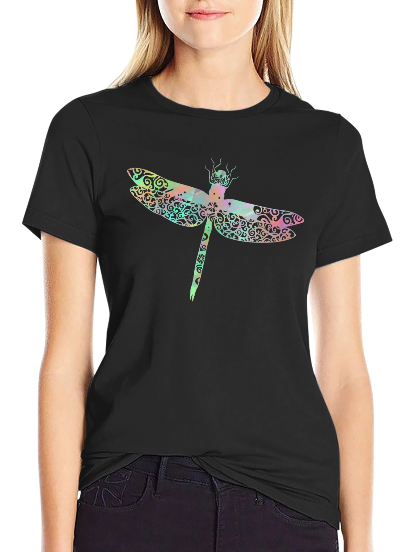 Dragonfly Graphic Print Black T-Shirt