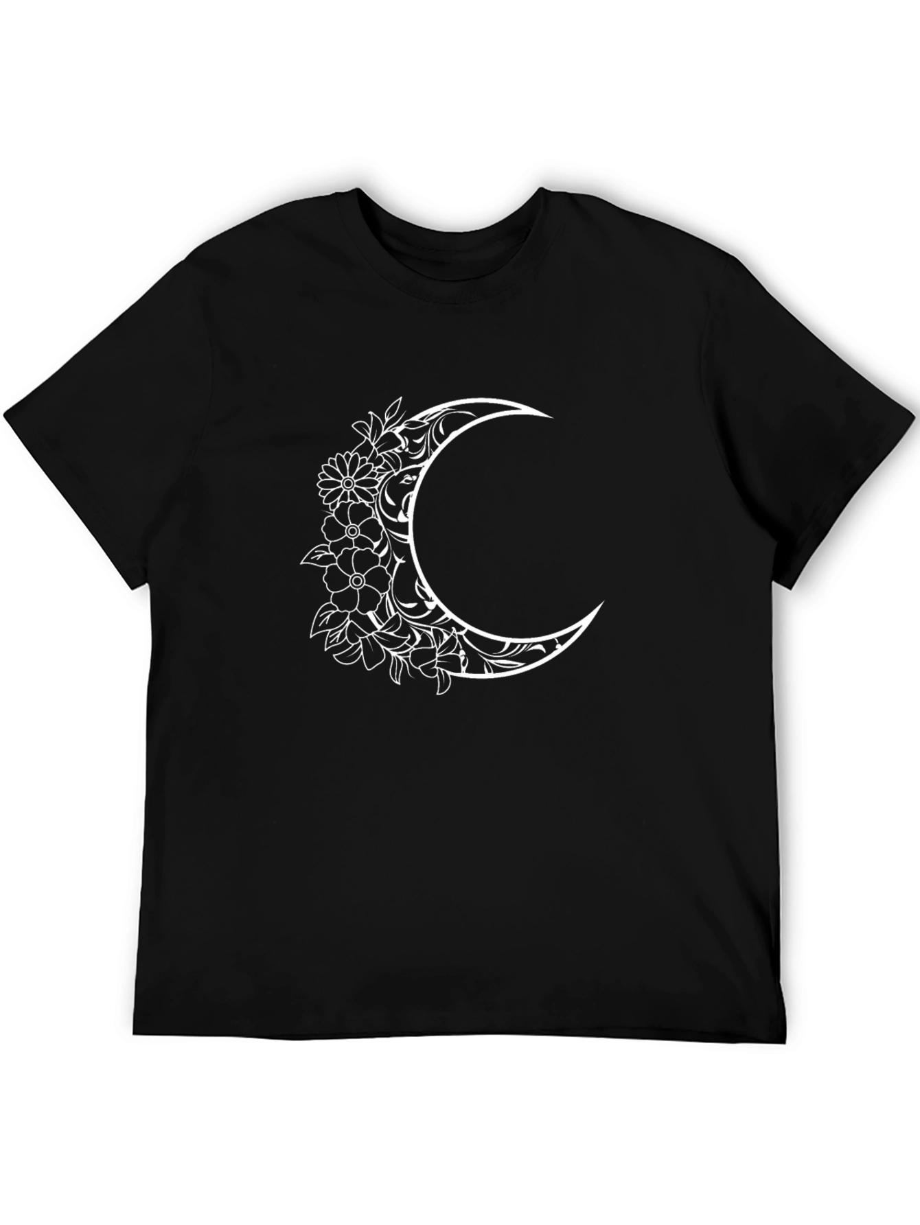 Floral Crescent Moon Black T-Shirt