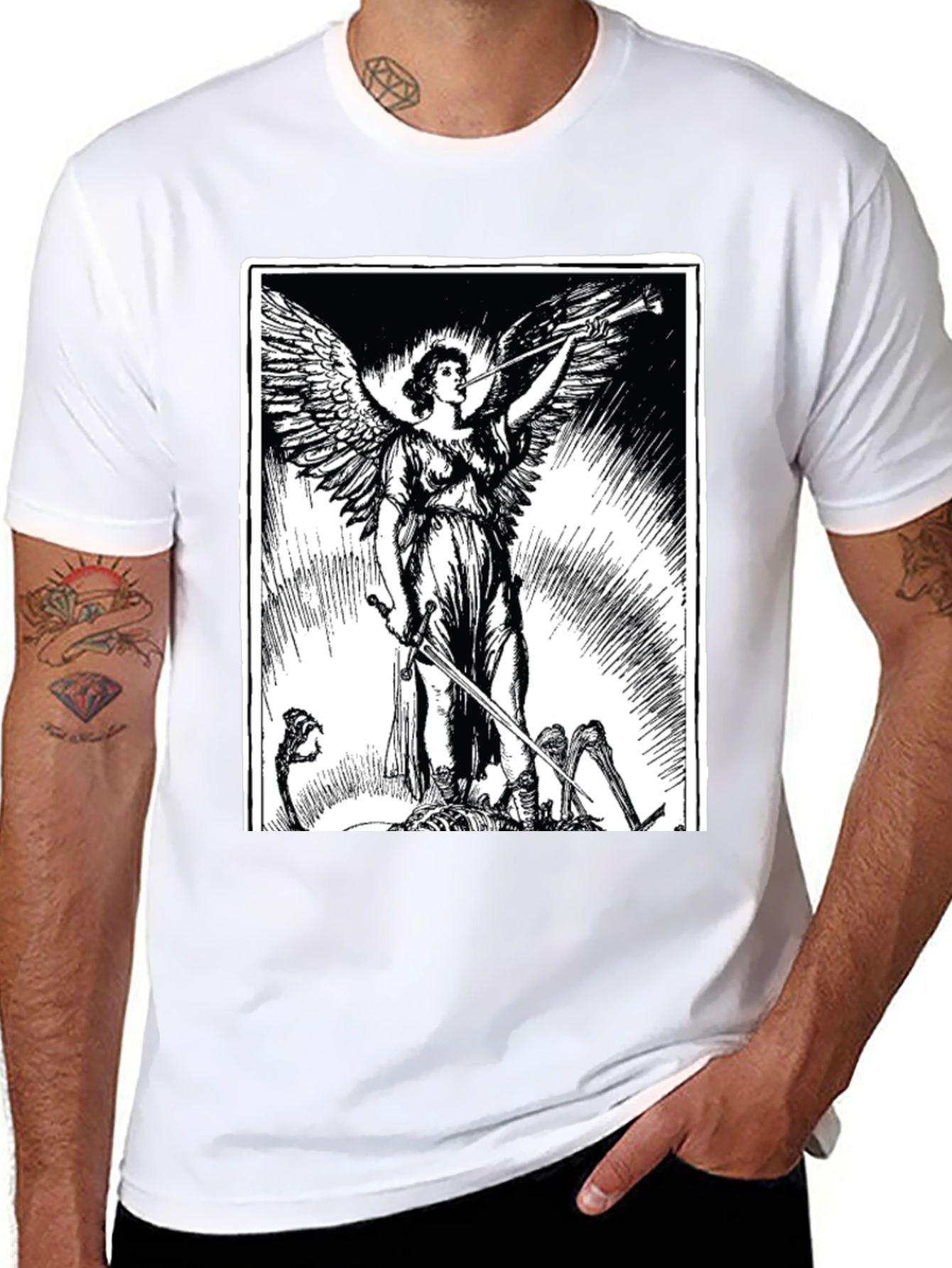 Angel with Sword Graphic Print Black T-Shirt