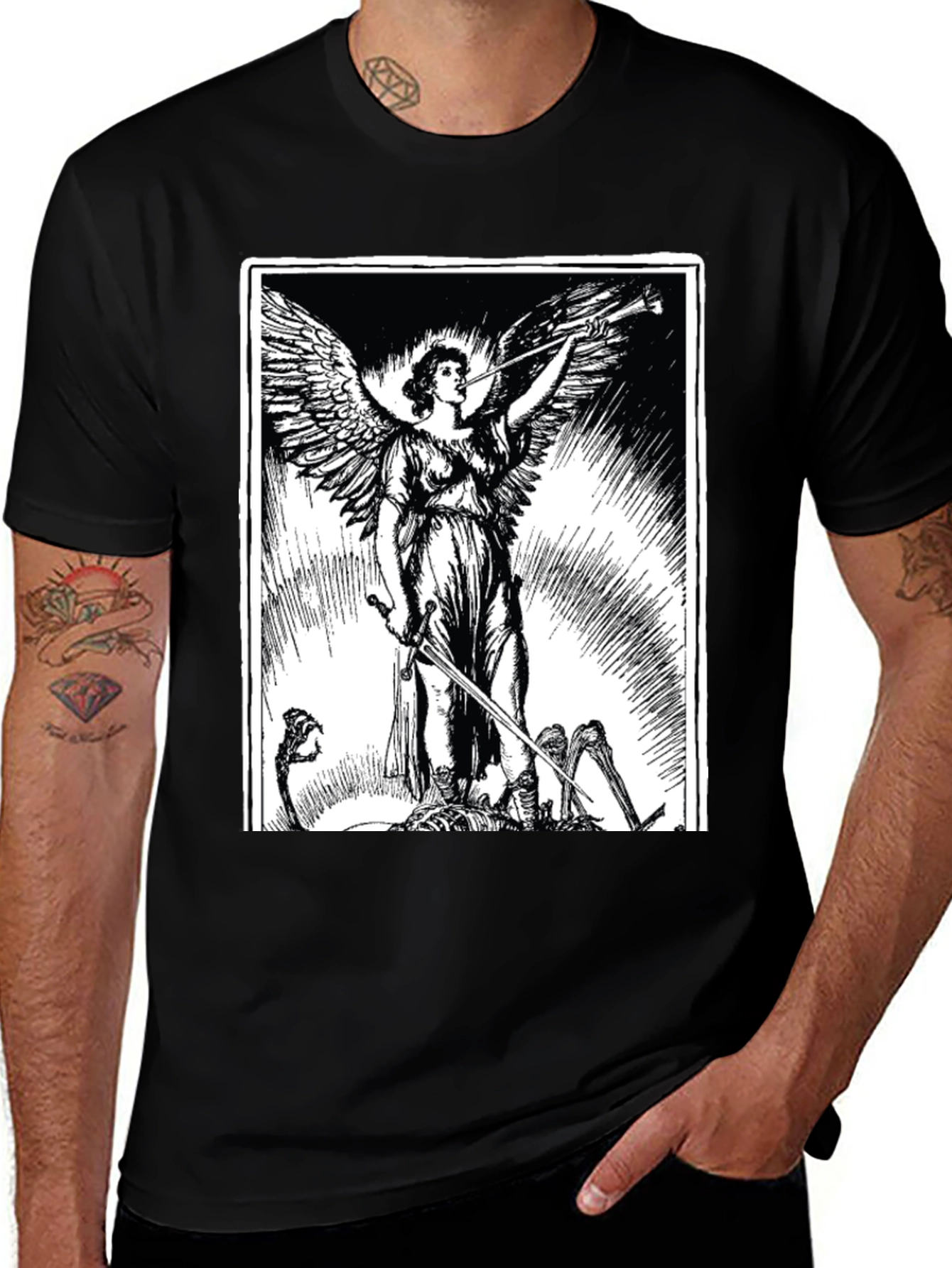 Angel with Sword Graphic Print Black T-Shirt