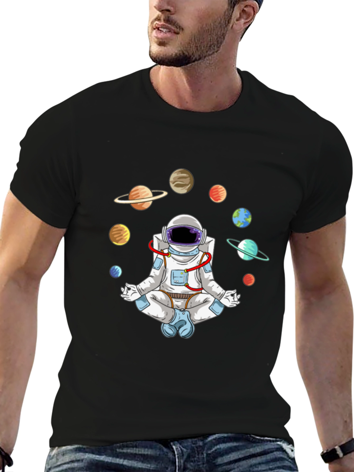 Meditating Astronaut Planets Graphic Tee