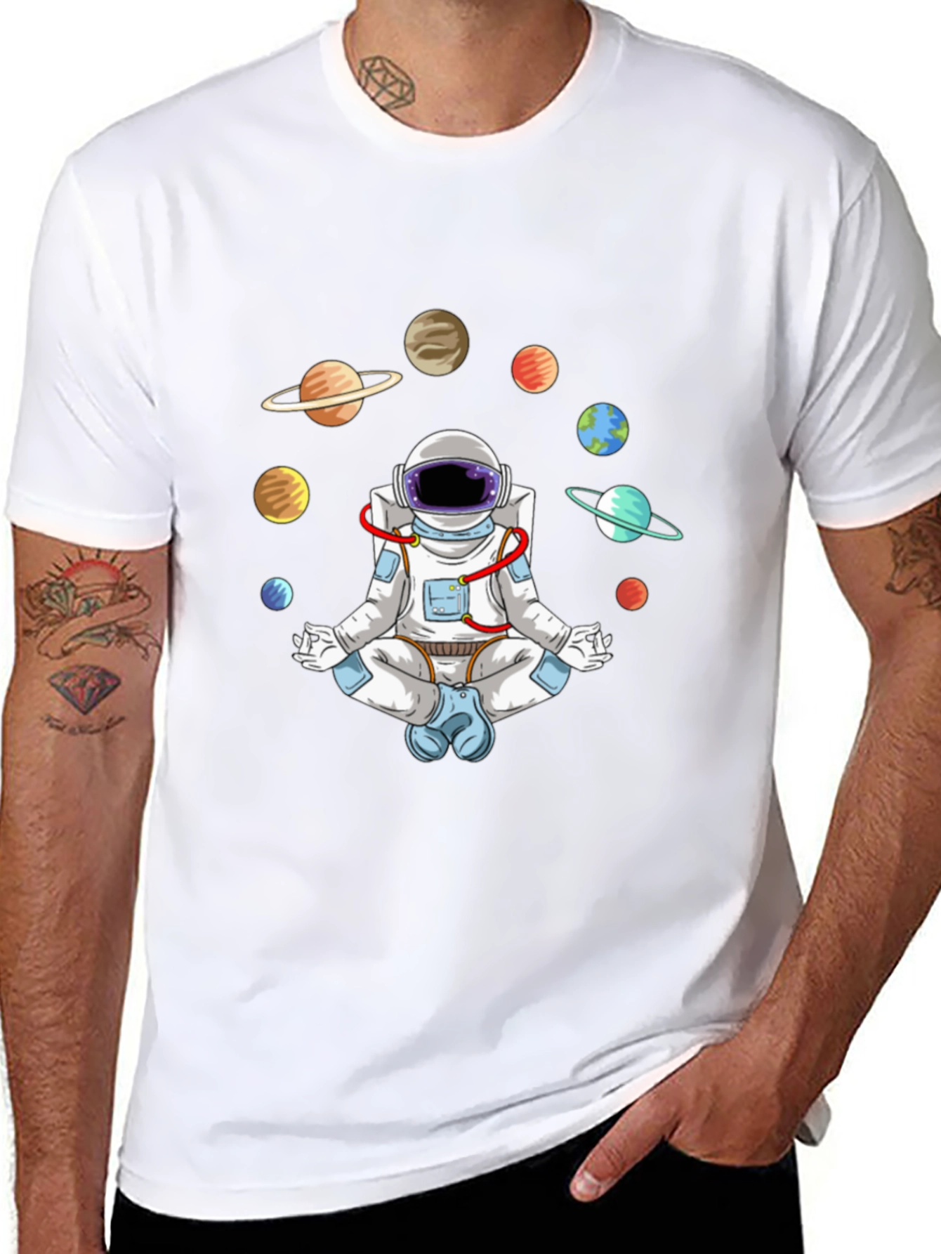 Meditating Astronaut Planets Graphic Tee