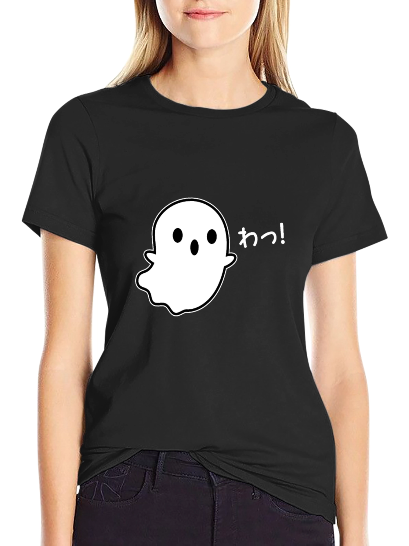 Spooky Cute Ghost Graphic Tee - Black Cotton T-Shirt