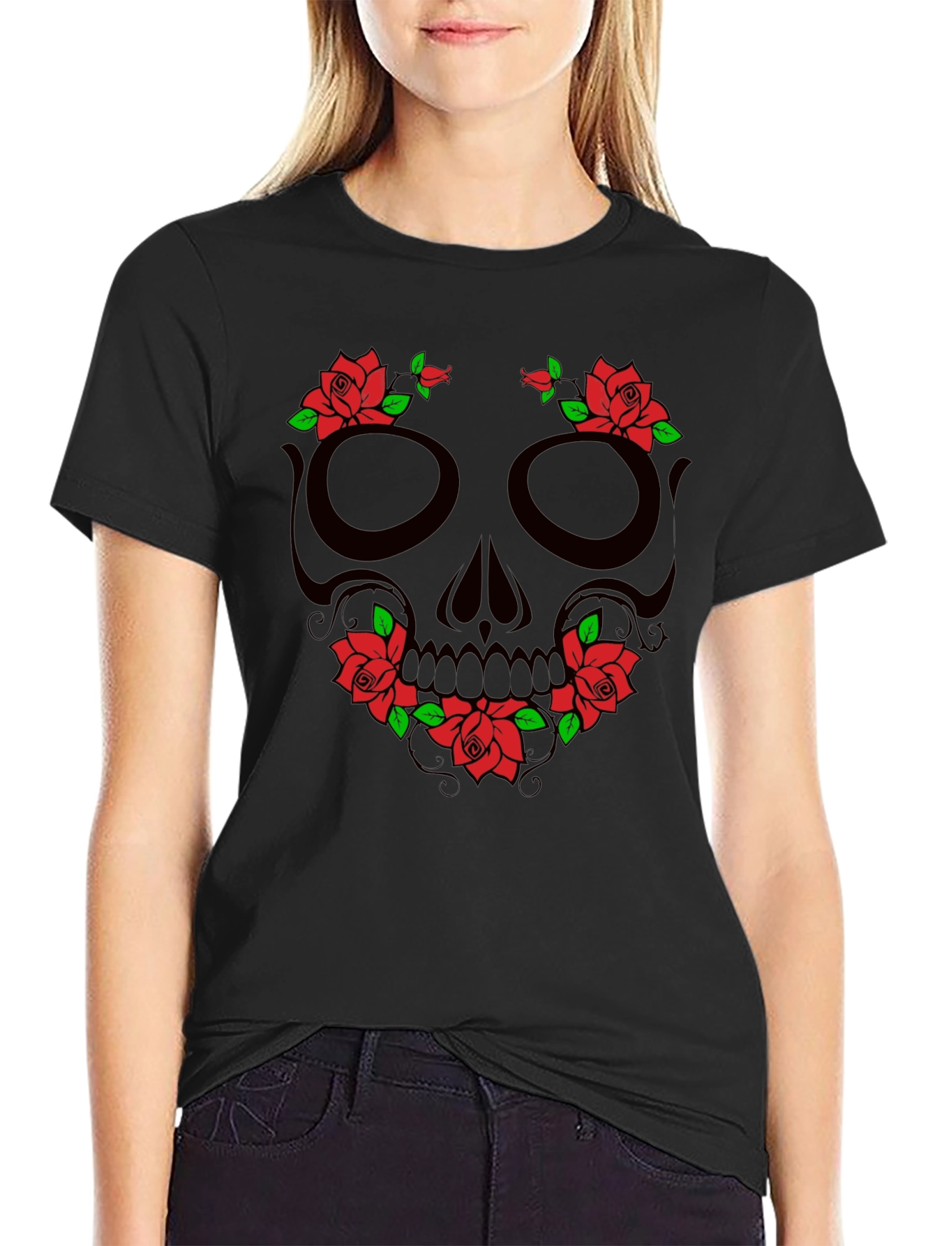 Skull & Roses Graphic T-Shirt - Black