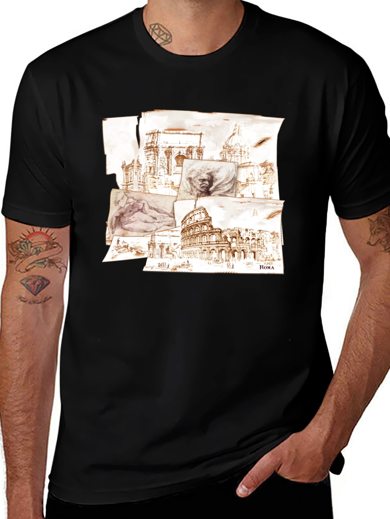 Rome Sketch Collage Graphic Tee - Black Cotton Blend