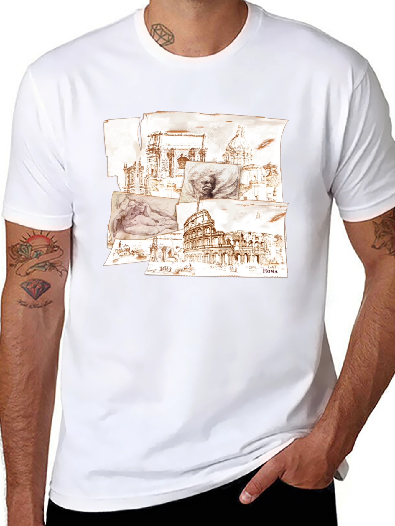 Rome Sketch Collage Graphic Tee - Black Cotton Blend