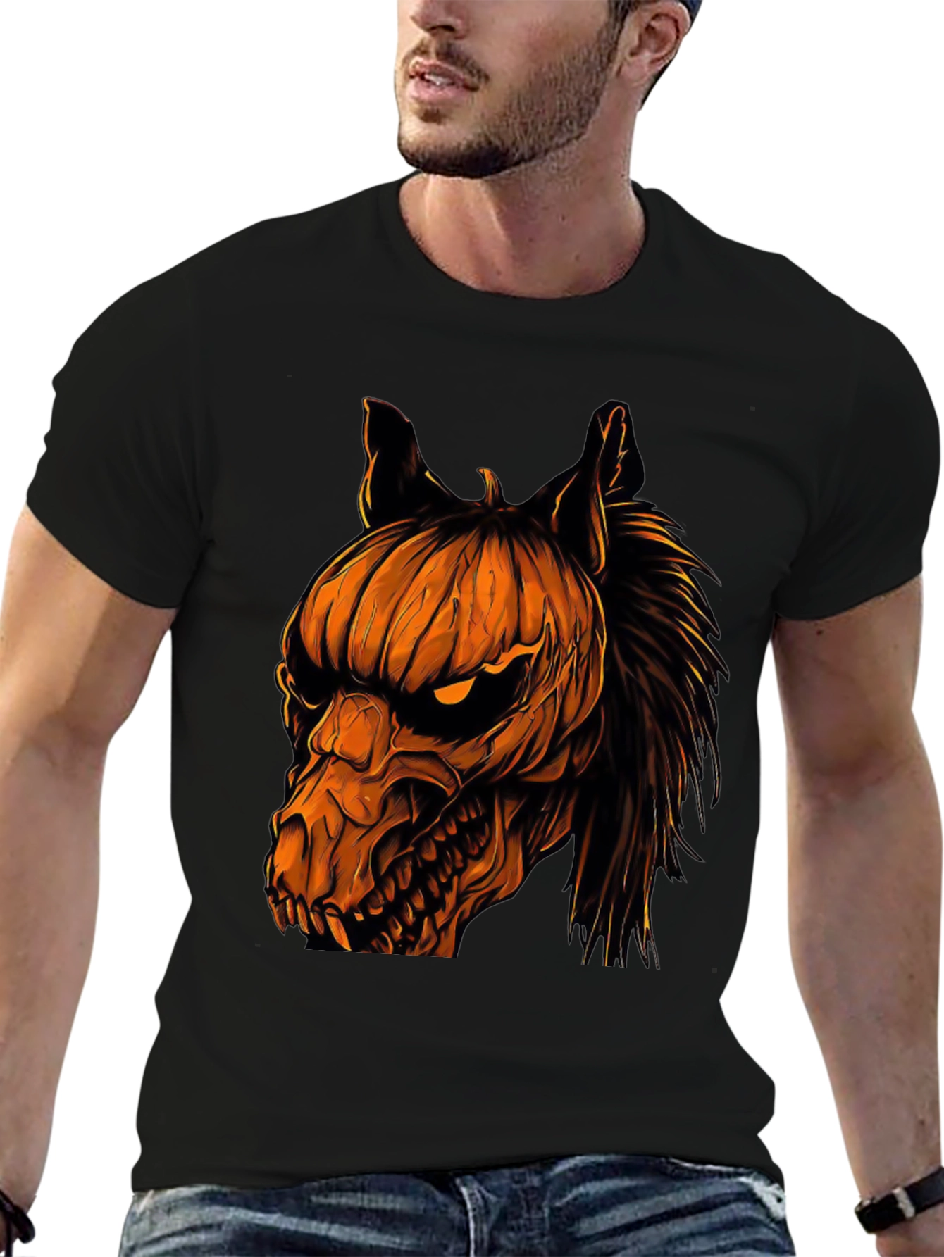 Halloween Pumpkin Horse Head Graphic T-Shirt