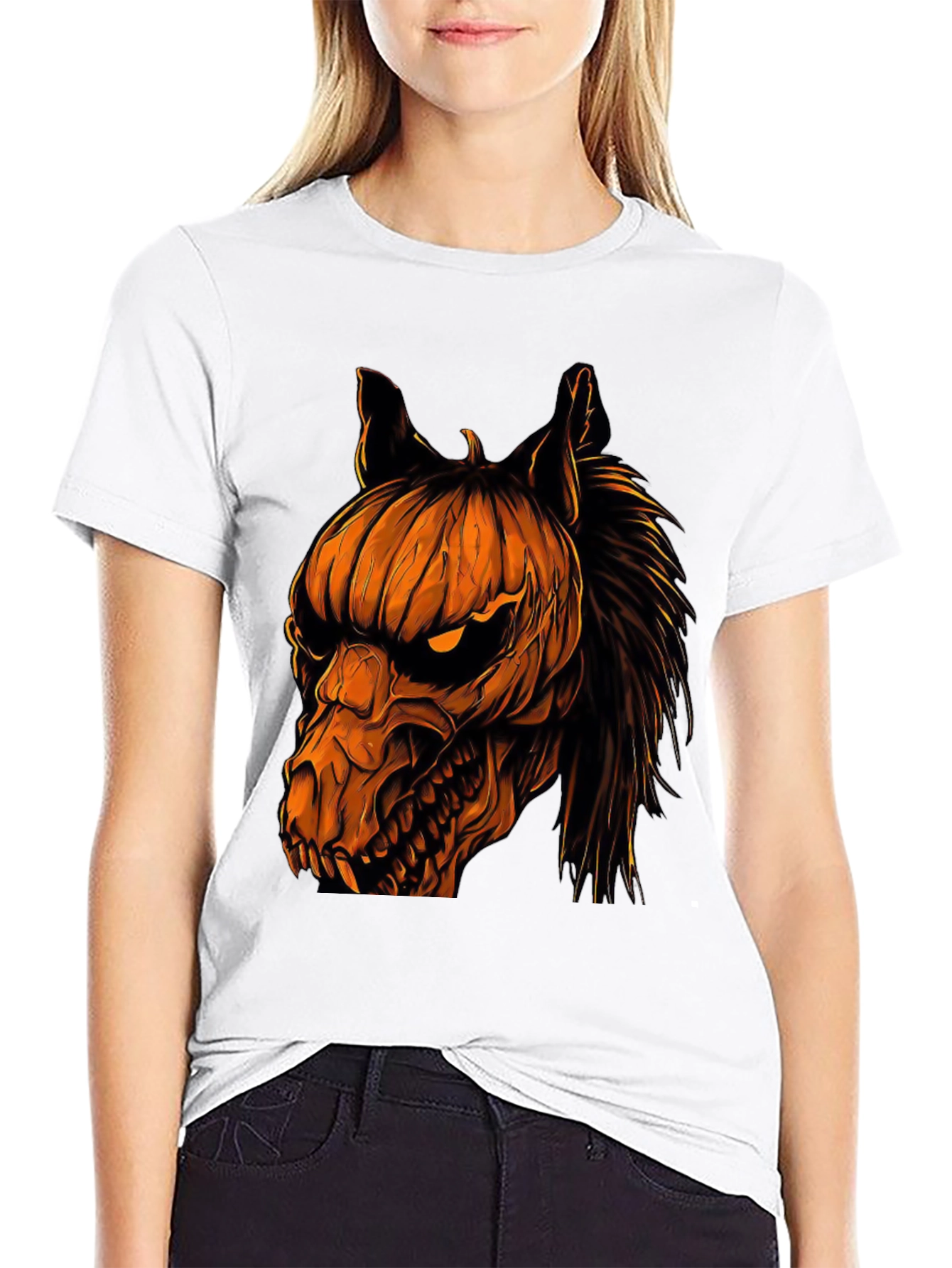 Halloween Pumpkin Horse Head Graphic T-Shirt