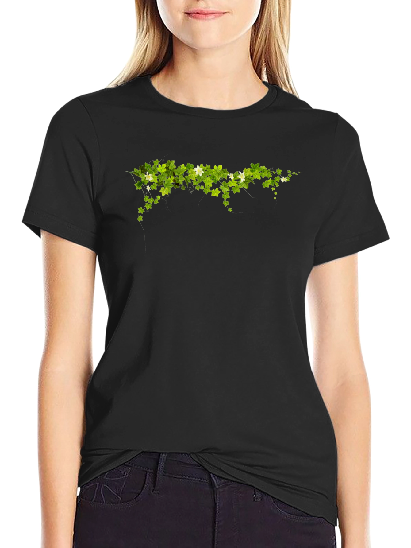 Green Leaf Design Black T-Shirt
