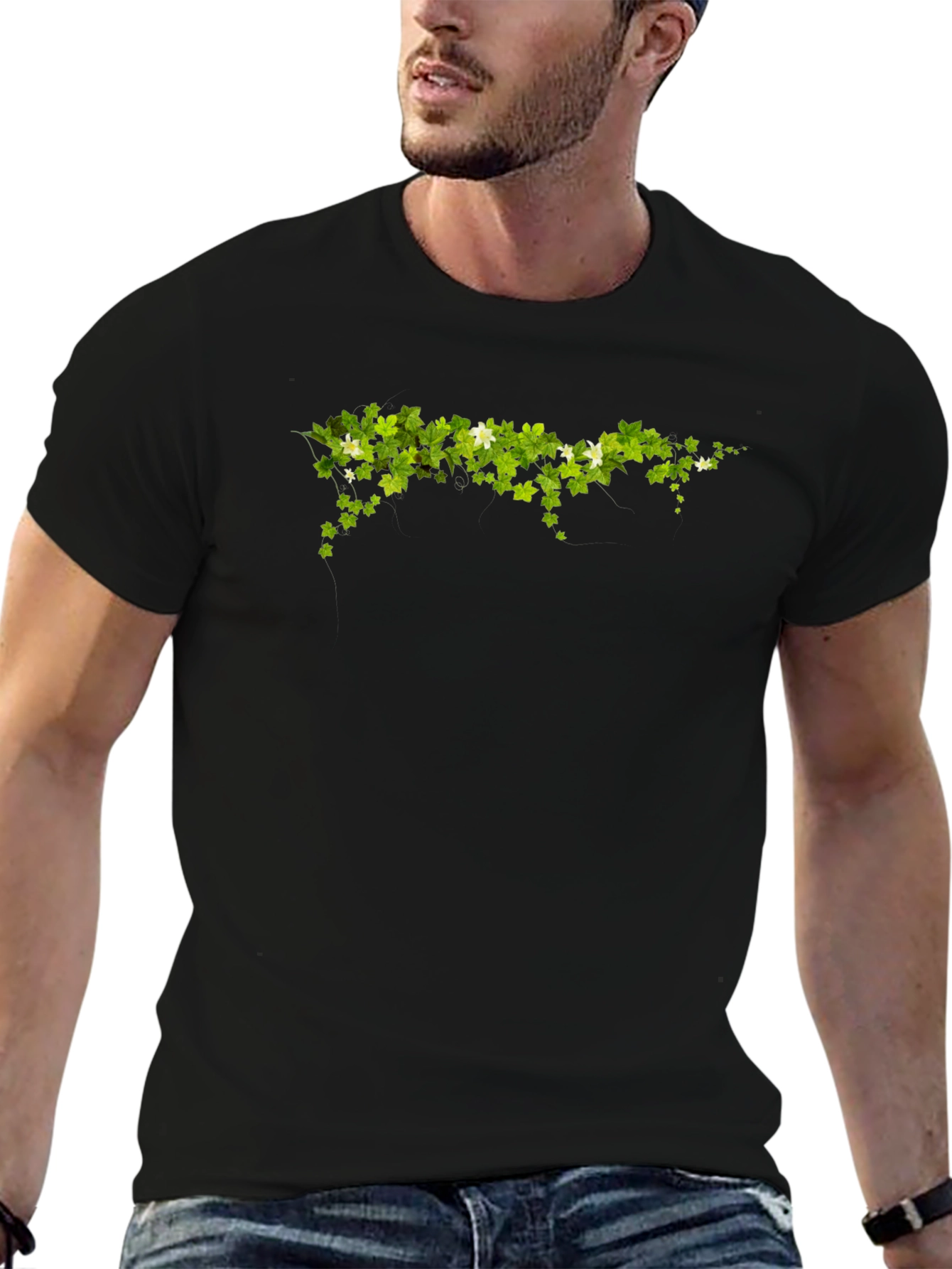 Green Leaf Design Black T-Shirt
