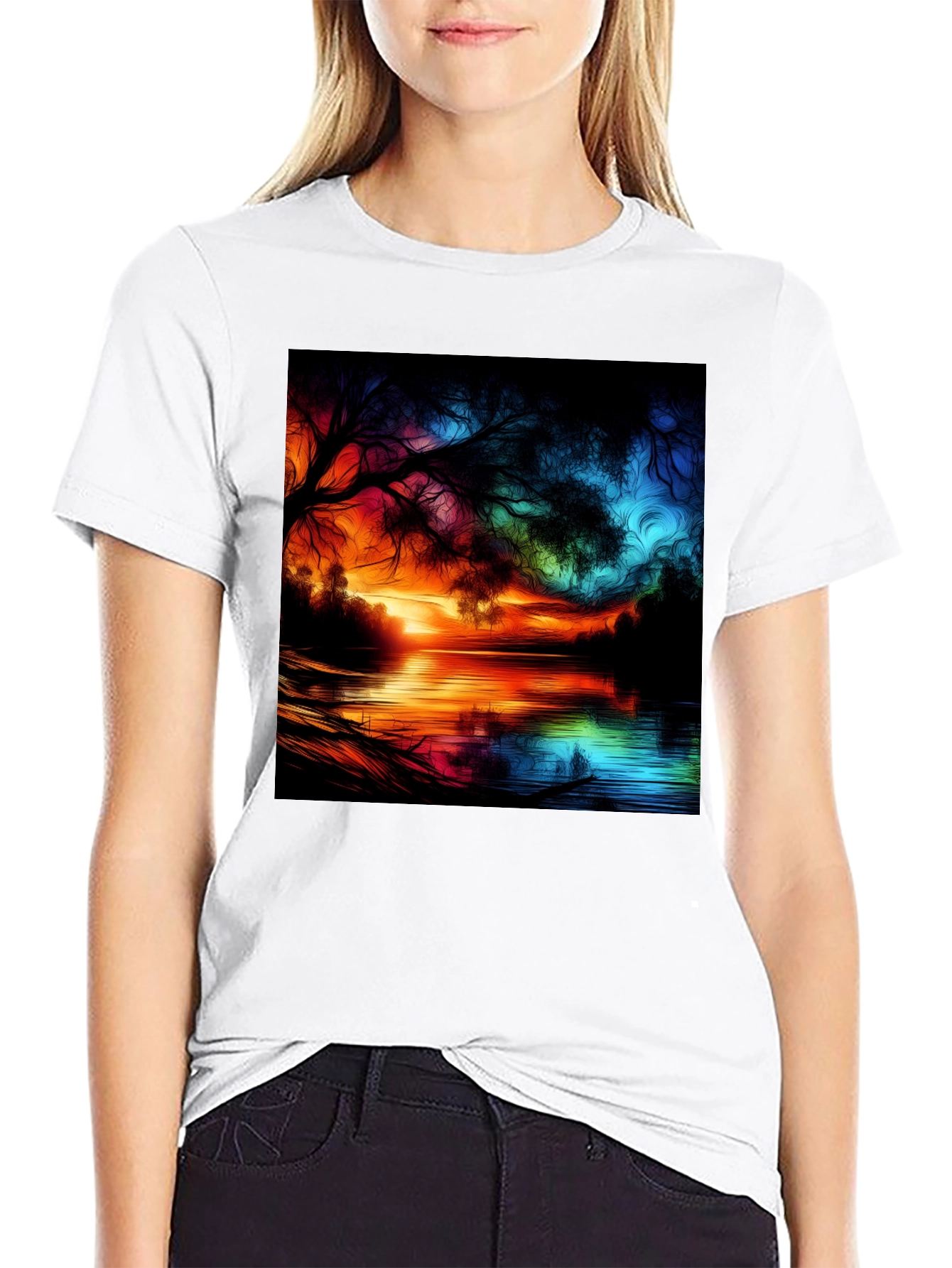 Vibrant Sunset Lake Graphic Tee - Artistic Design