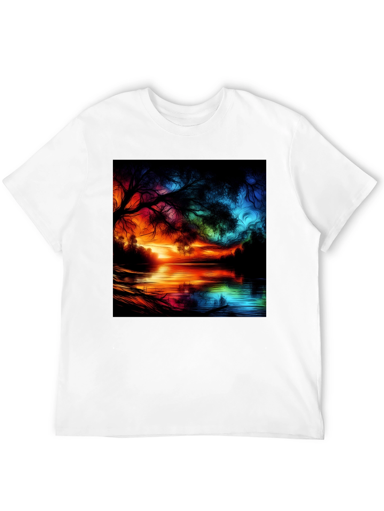 Vibrant Sunset Lake Graphic Tee - Artistic Design