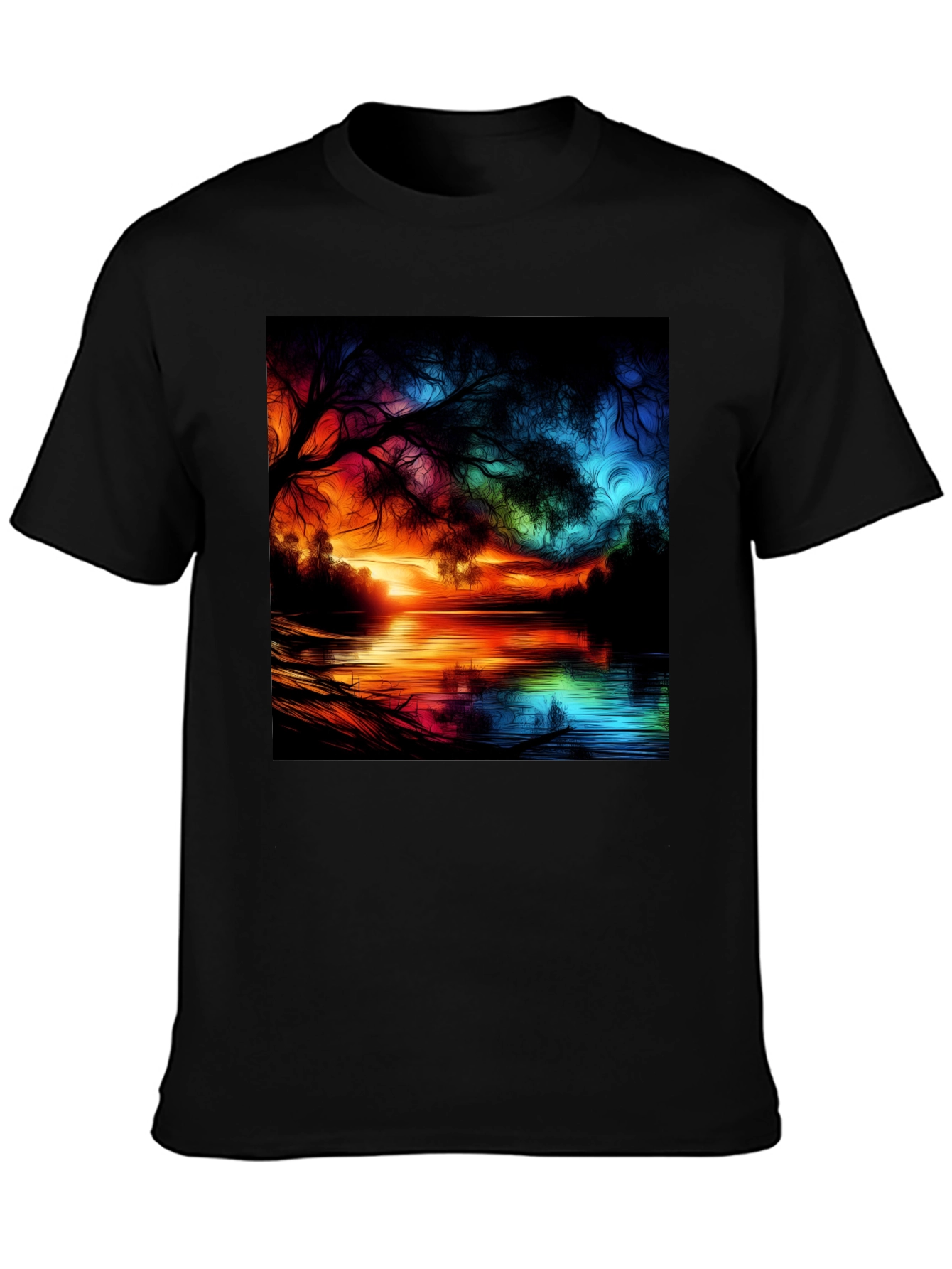 Vibrant Sunset Lake Graphic Tee - Artistic Design