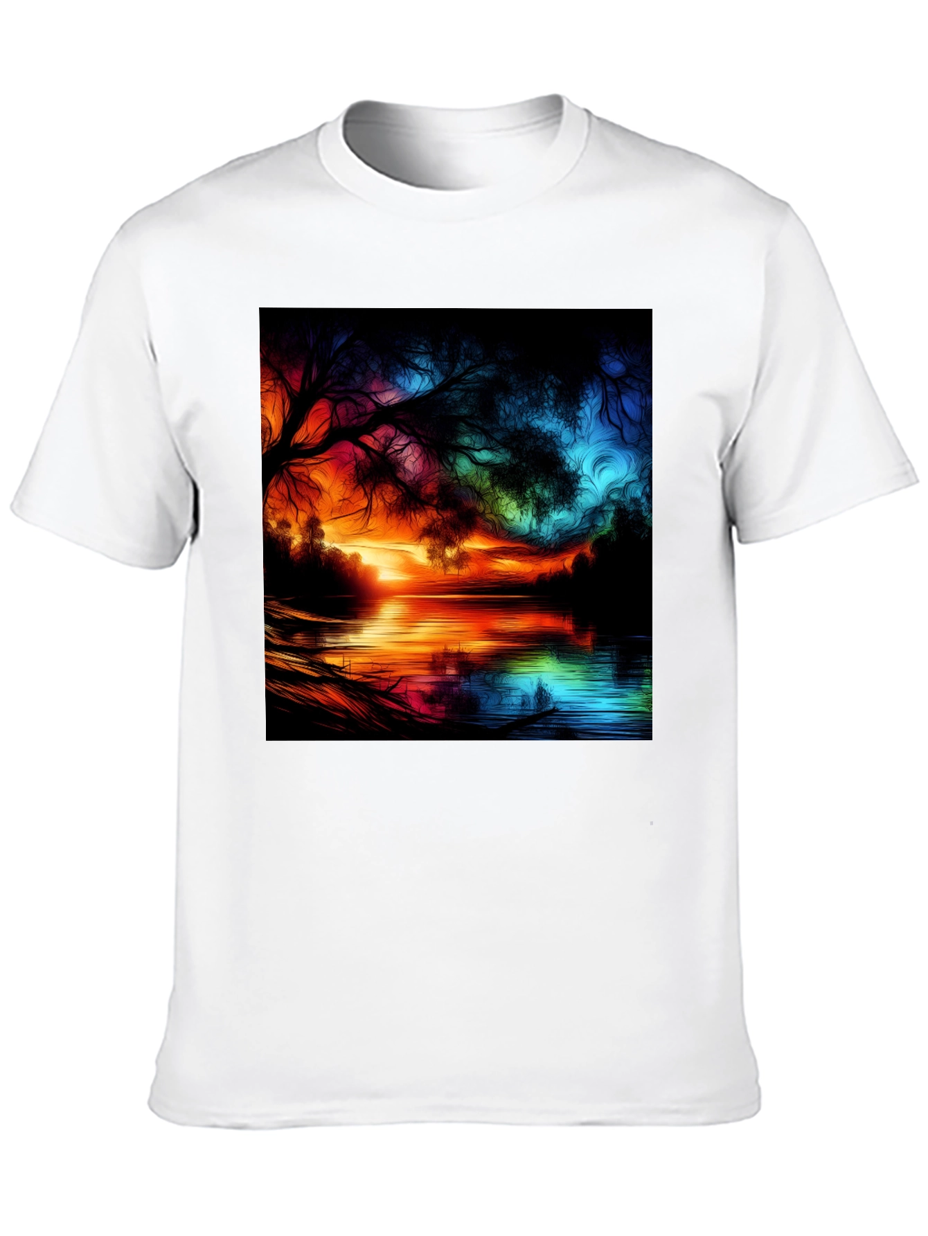 Vibrant Sunset Lake Graphic Tee - Artistic Design