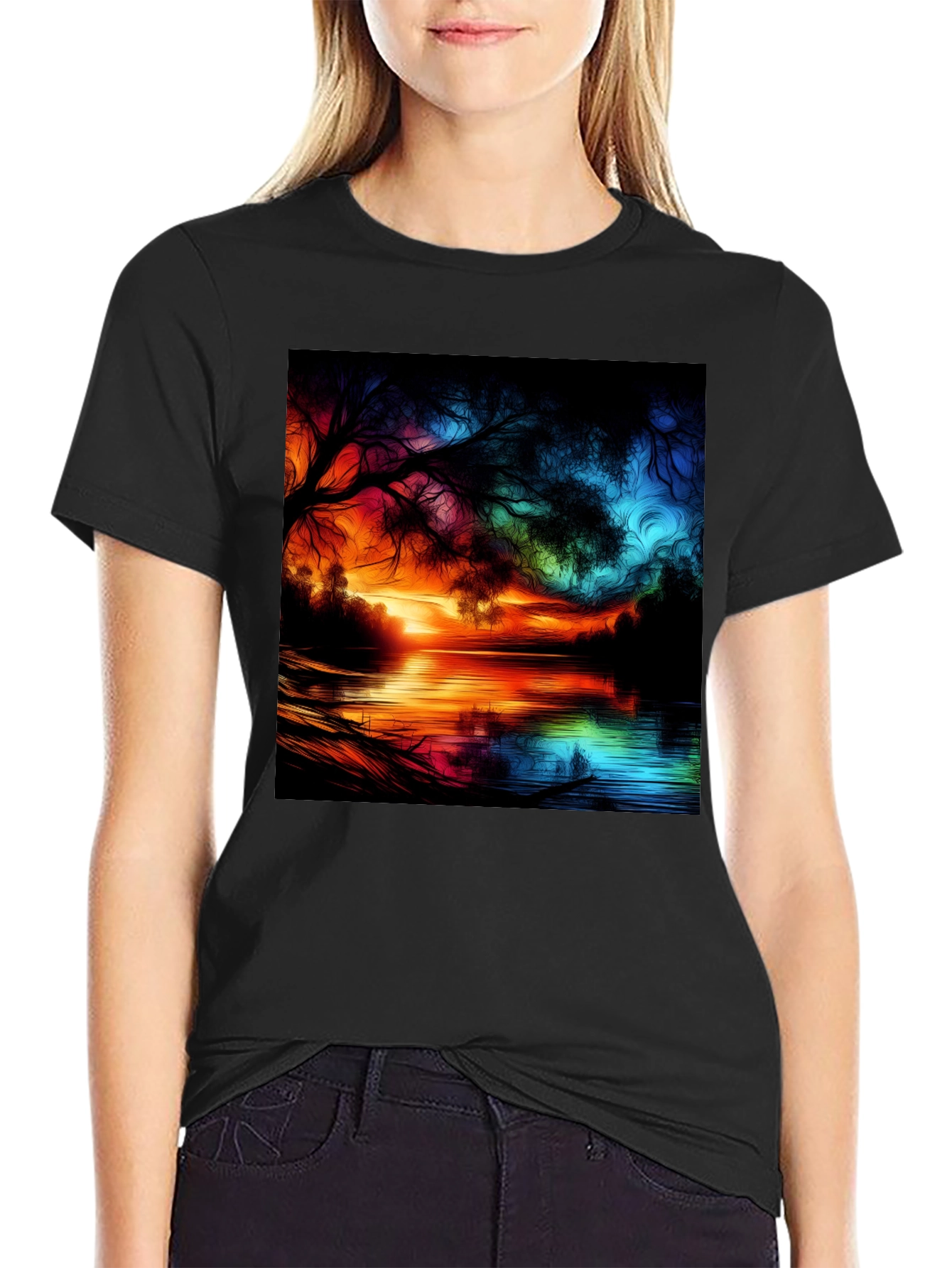 Vibrant Sunset Lake Graphic Tee - Artistic Design