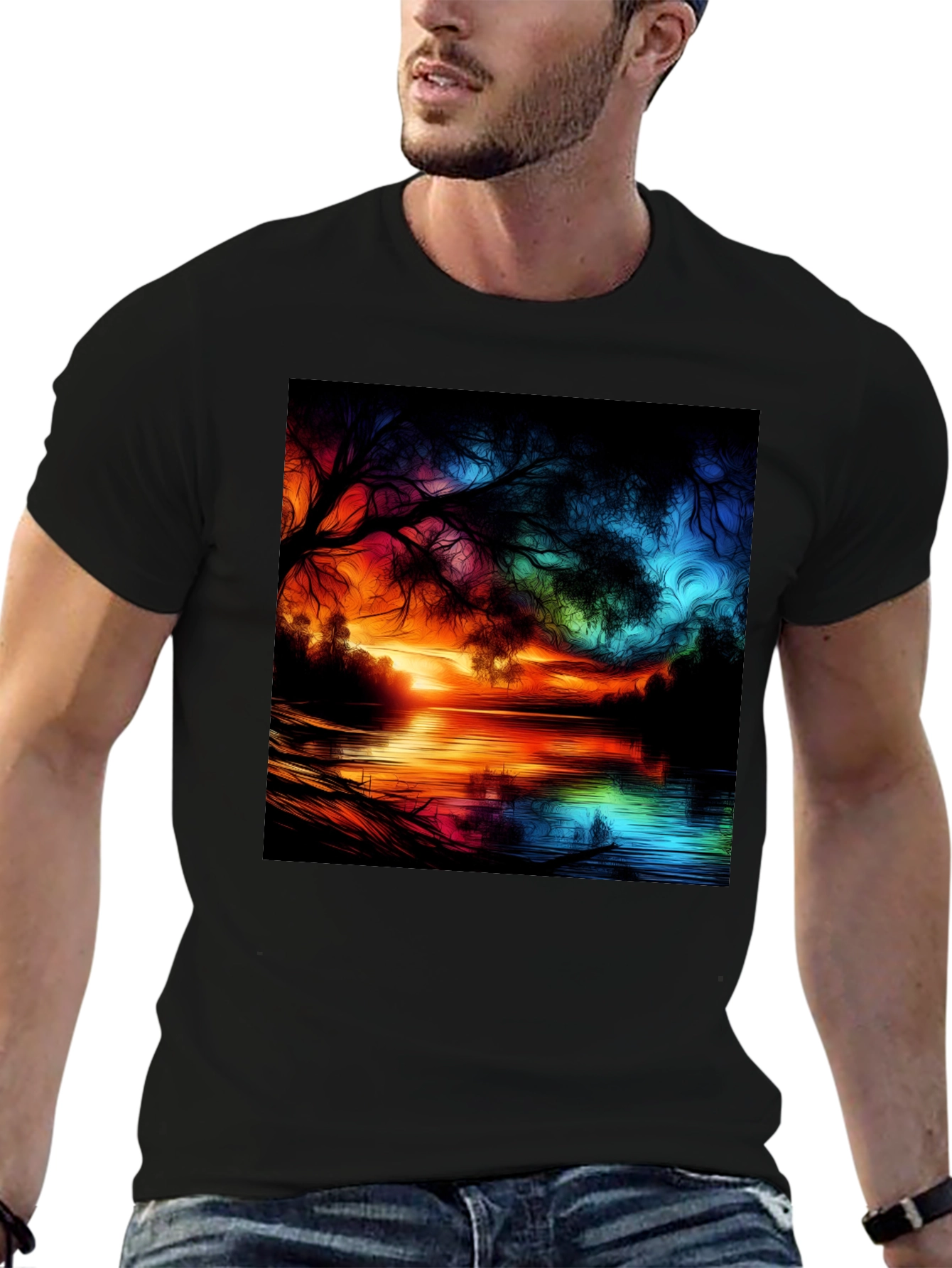 Vibrant Sunset Lake Graphic Tee - Artistic Design