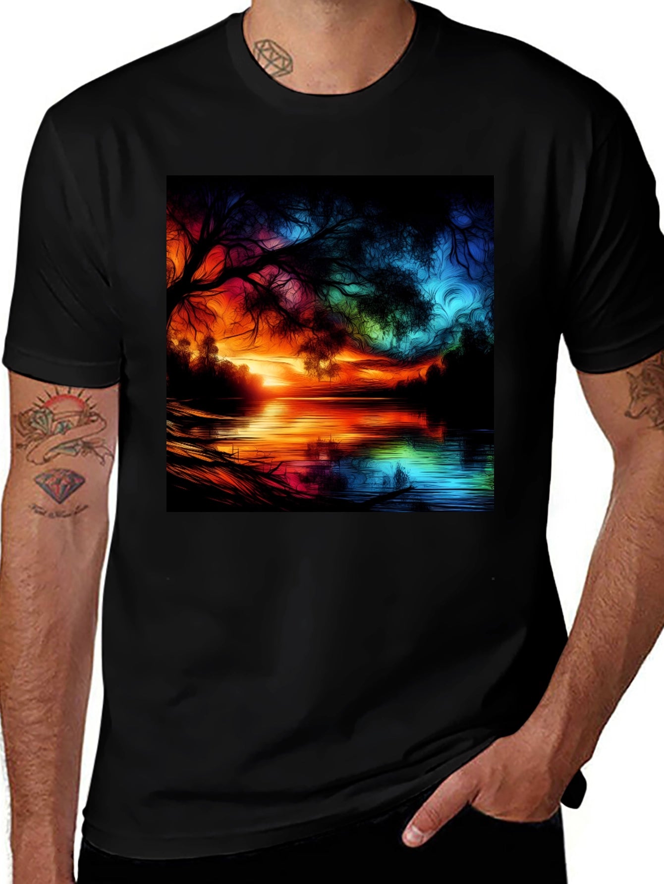 Vibrant Sunset Lake Graphic Tee - Artistic Design