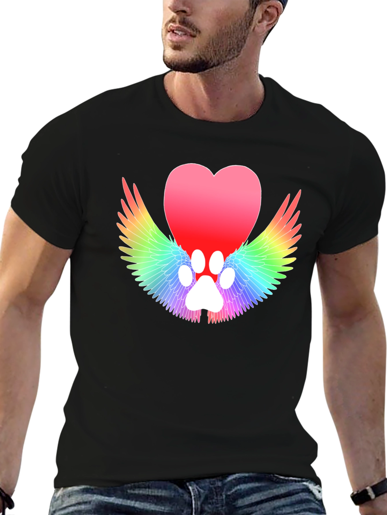 Heart Paw Print Wings Black T-Shirt