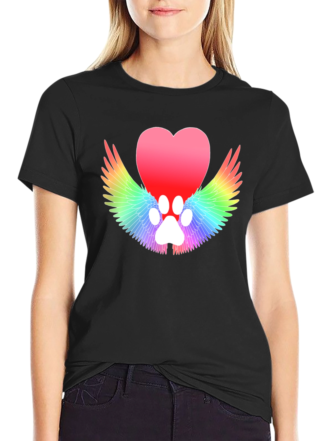 Heart Paw Print Wings Black T-Shirt