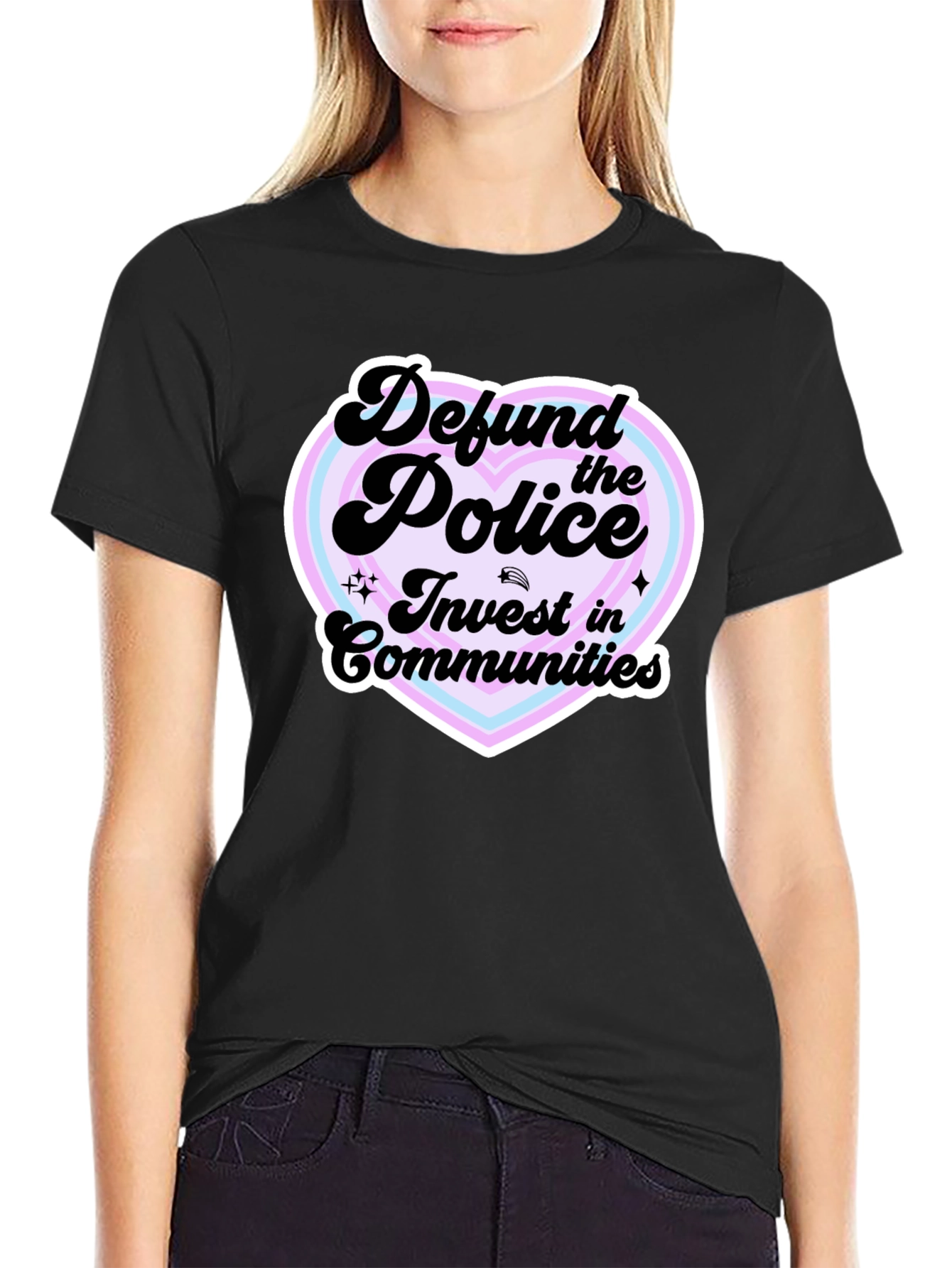 Defund the Police Heart Graphic Black T-Shirt