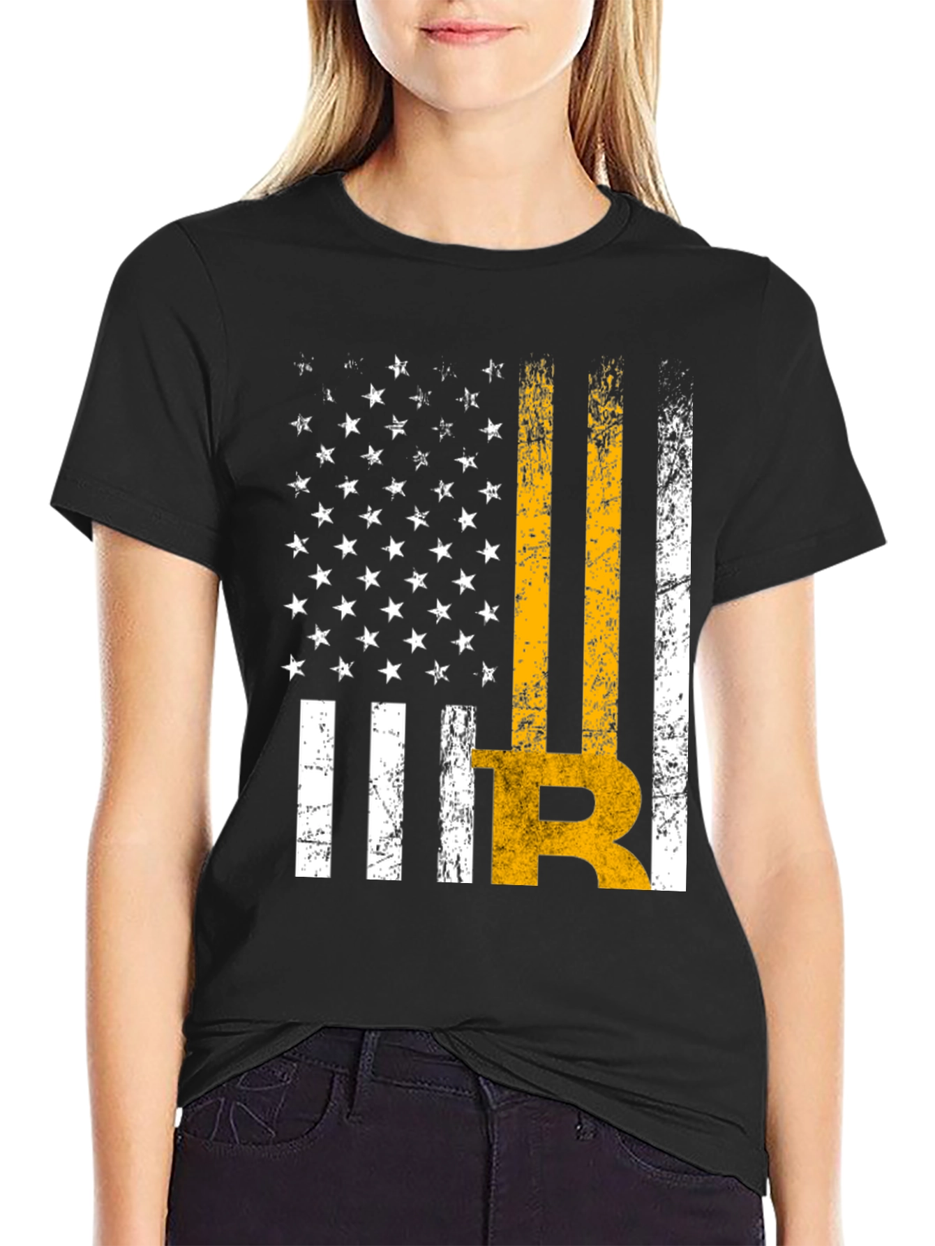 Distressed American Flag Bitcoin Graphic T-Shirt