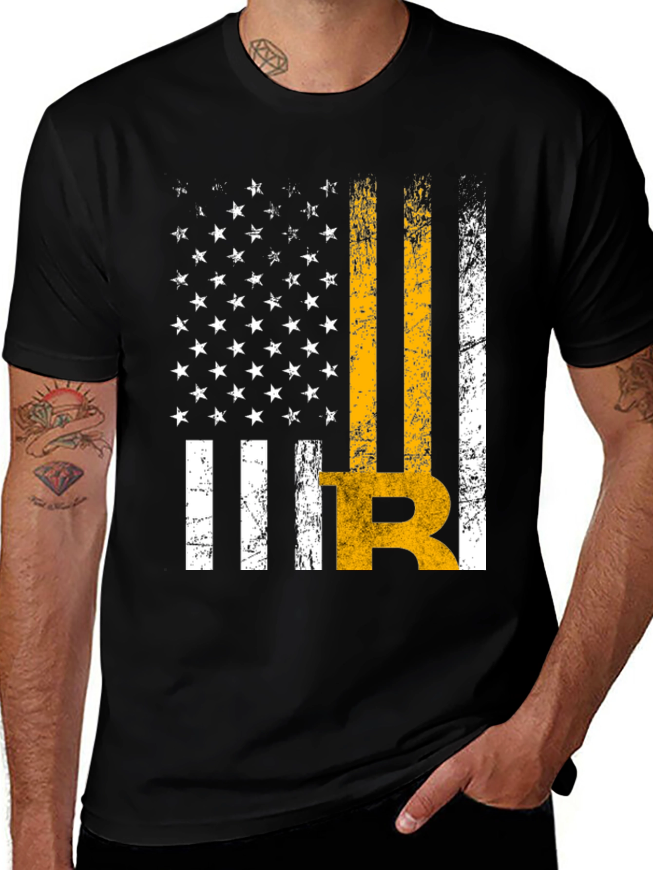 Distressed American Flag Bitcoin Graphic T-Shirt