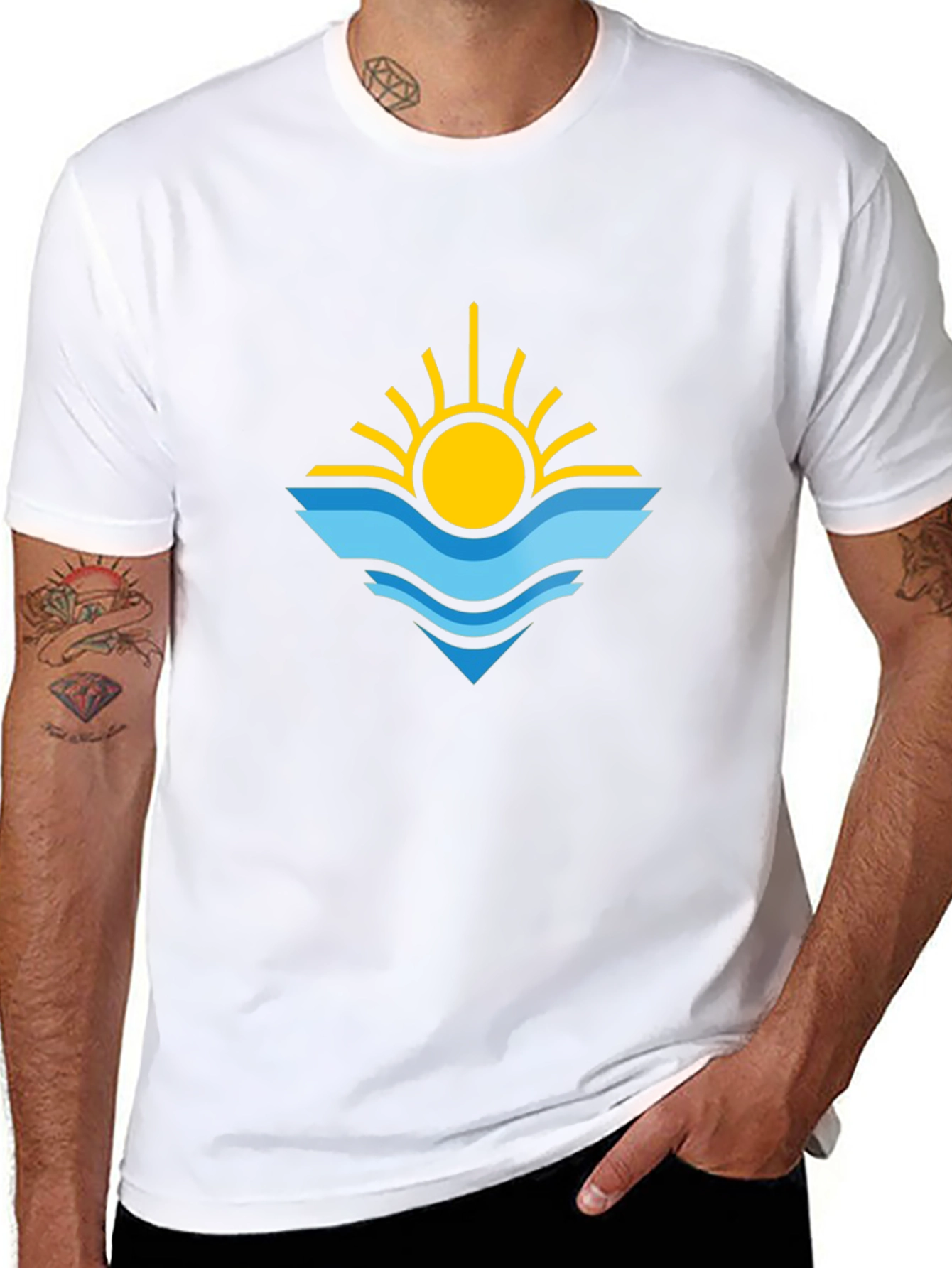 Sun & Waves Graphic Tee - Black Cotton Shirt