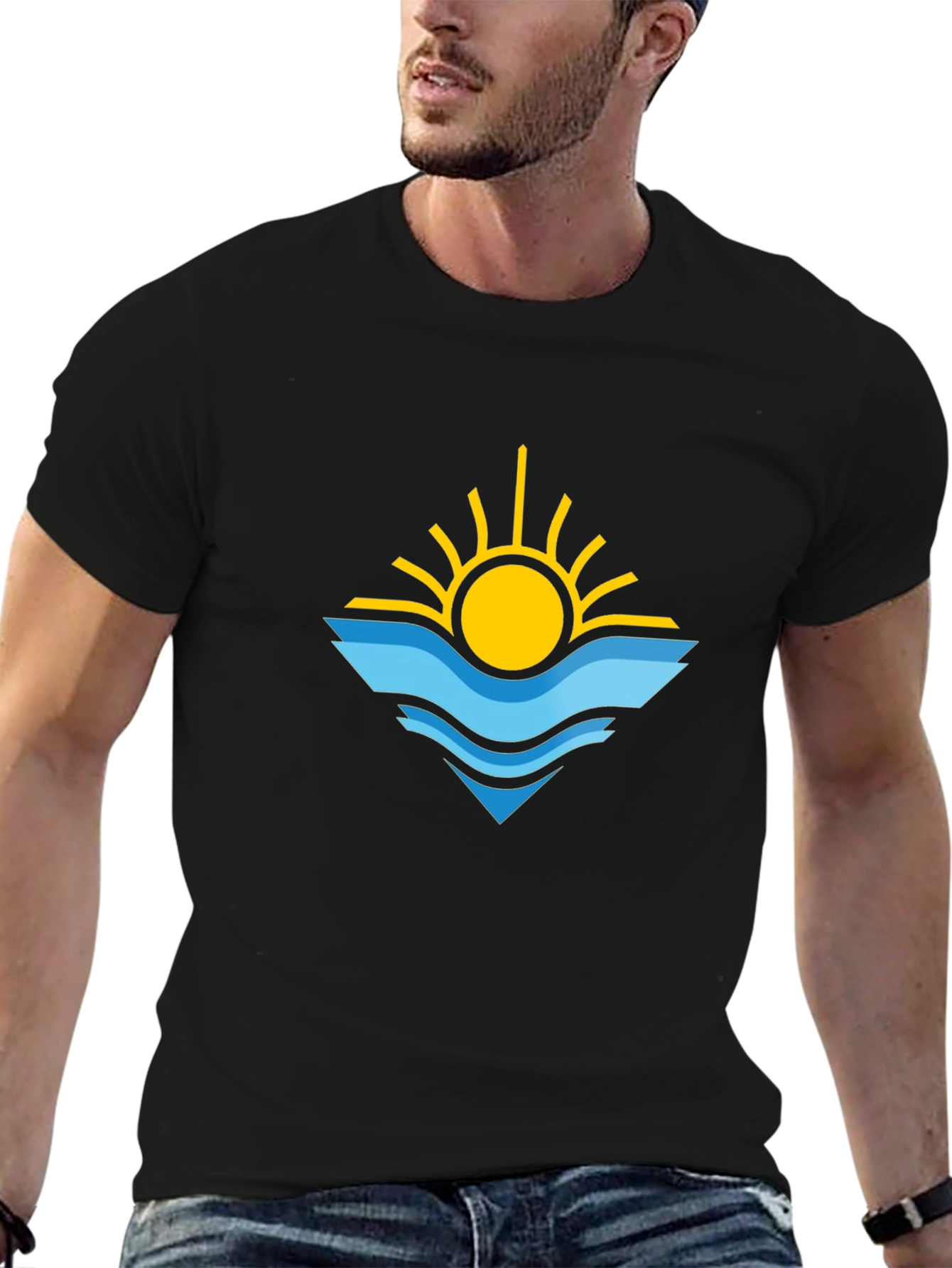 Sun & Waves Graphic Tee - Black Cotton Shirt