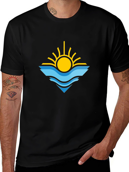 Sun & Waves Graphic Tee - Black Cotton Shirt