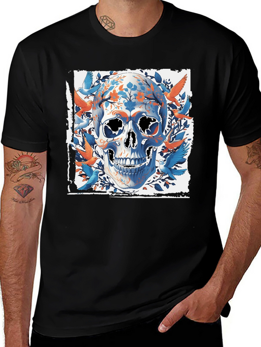 Floral Skull & Birds Graphic Tee - Unique Design