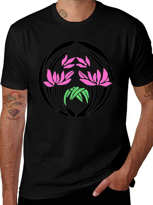 Floral Lotus Graphic Print Black T-Shirt