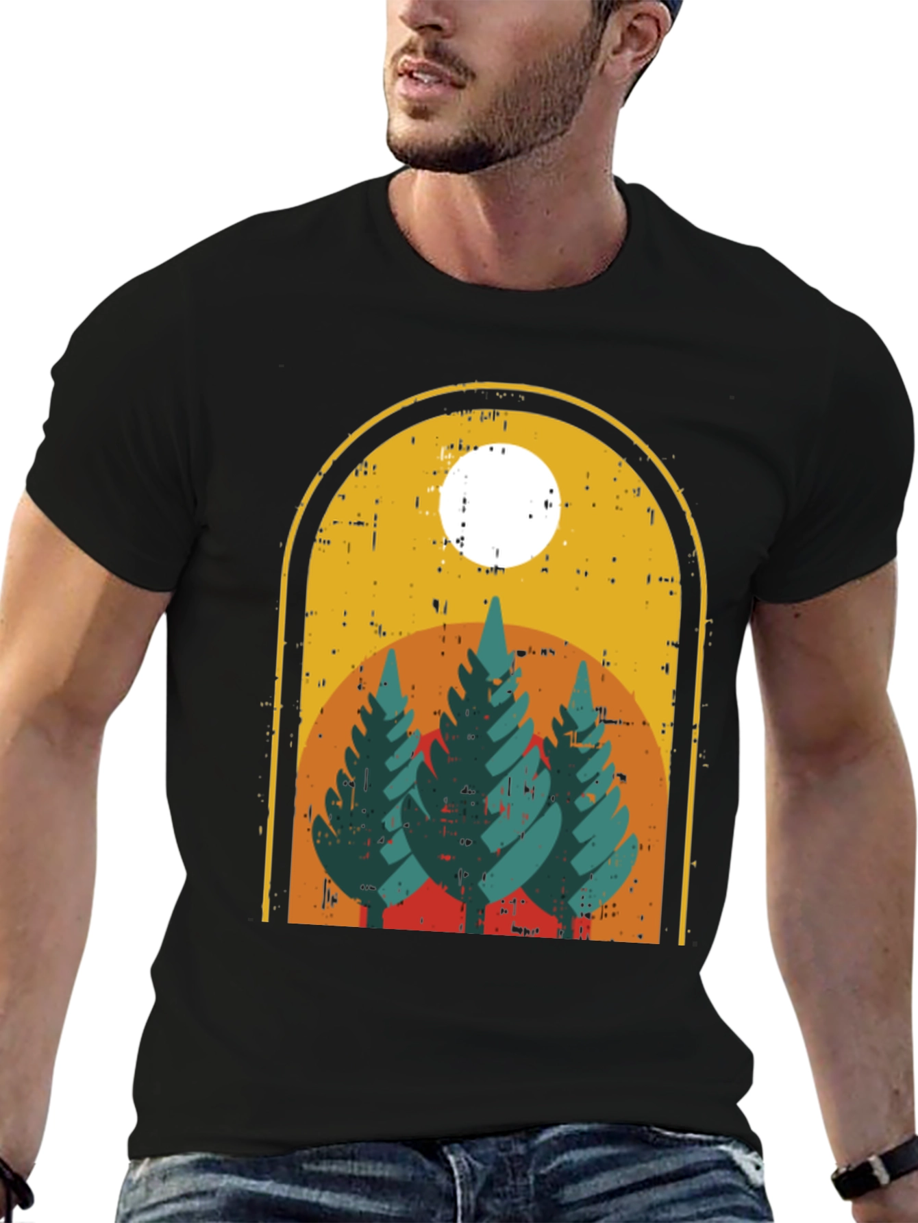 Retro Forest Graphic Tee - Black Cotton Blend