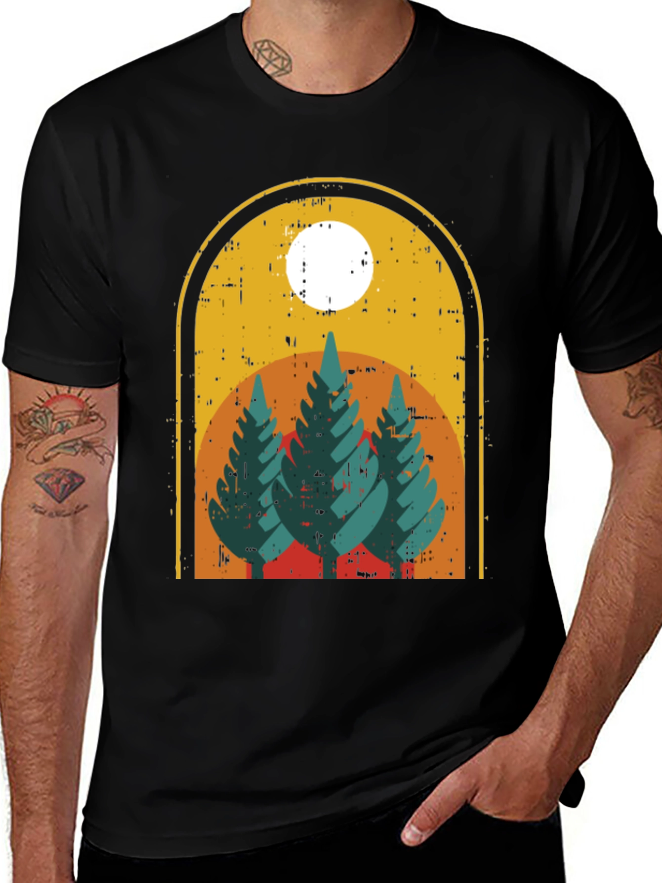 Retro Forest Graphic Tee - Black Cotton Blend