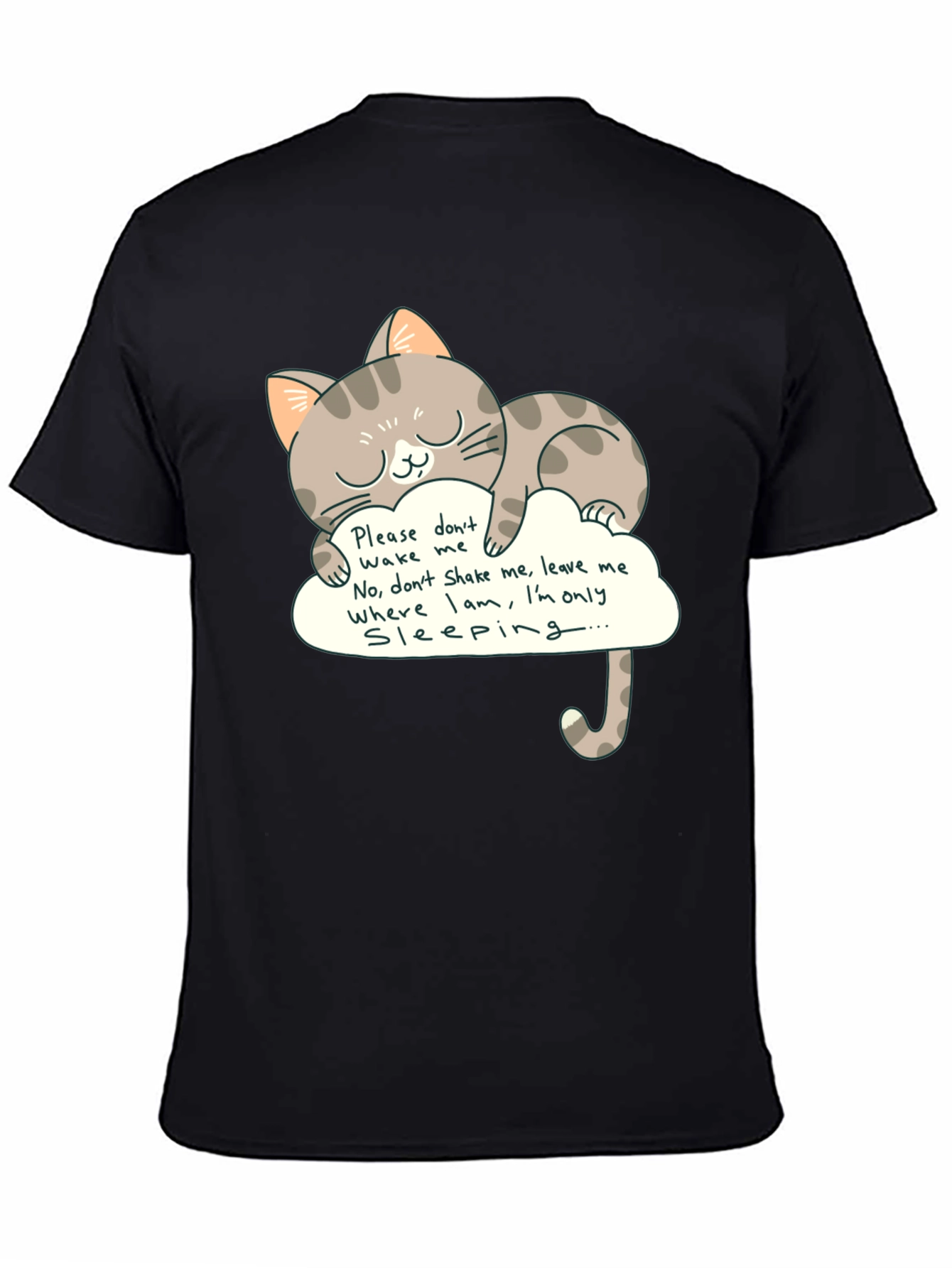 Cute Cat Sleeping on Cloud Graphic Tee - Black