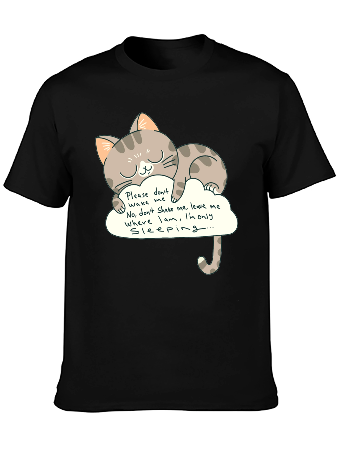 Cute Cat Sleeping on Cloud Graphic Tee - Black