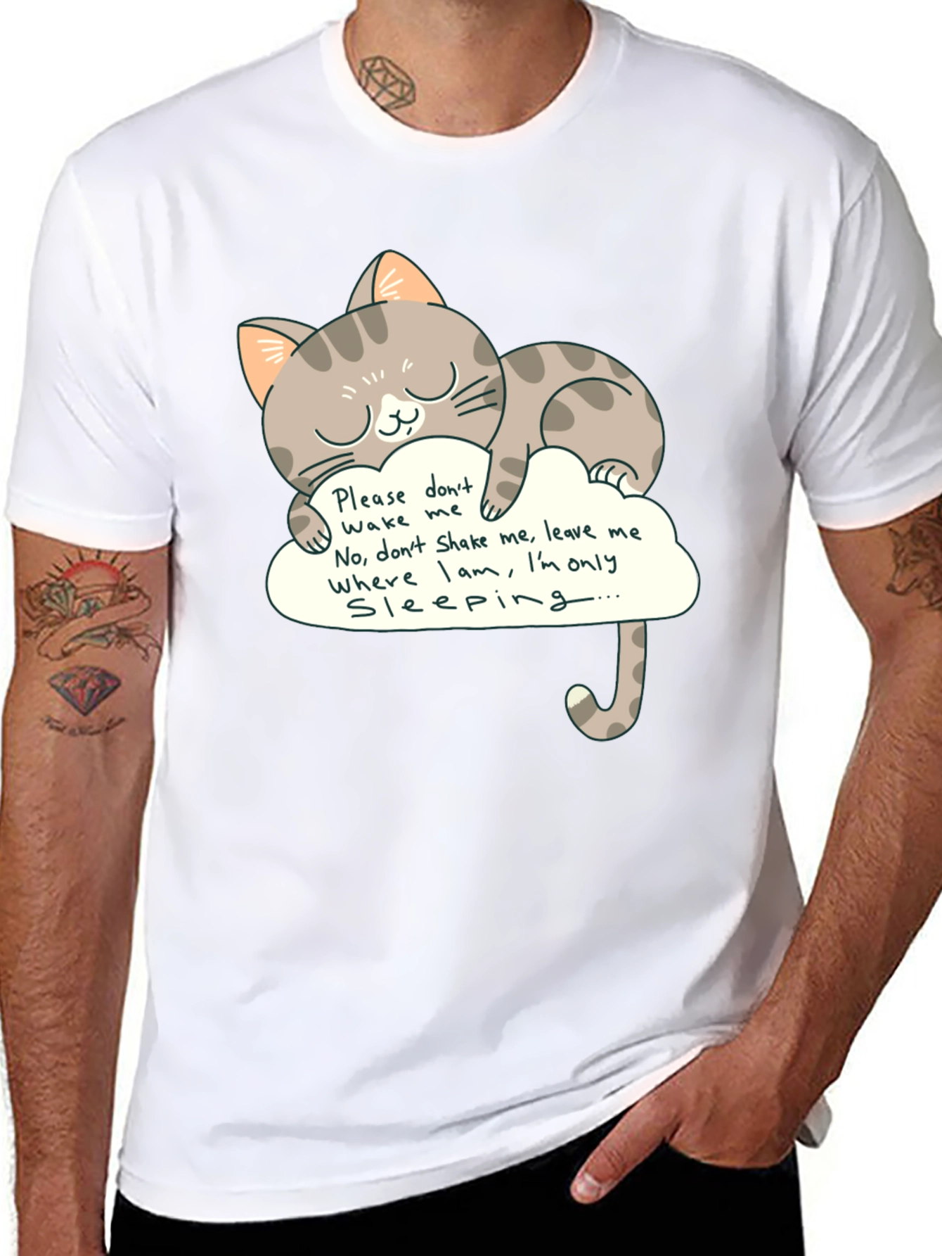 Cute Cat Sleeping on Cloud Graphic Tee - Black