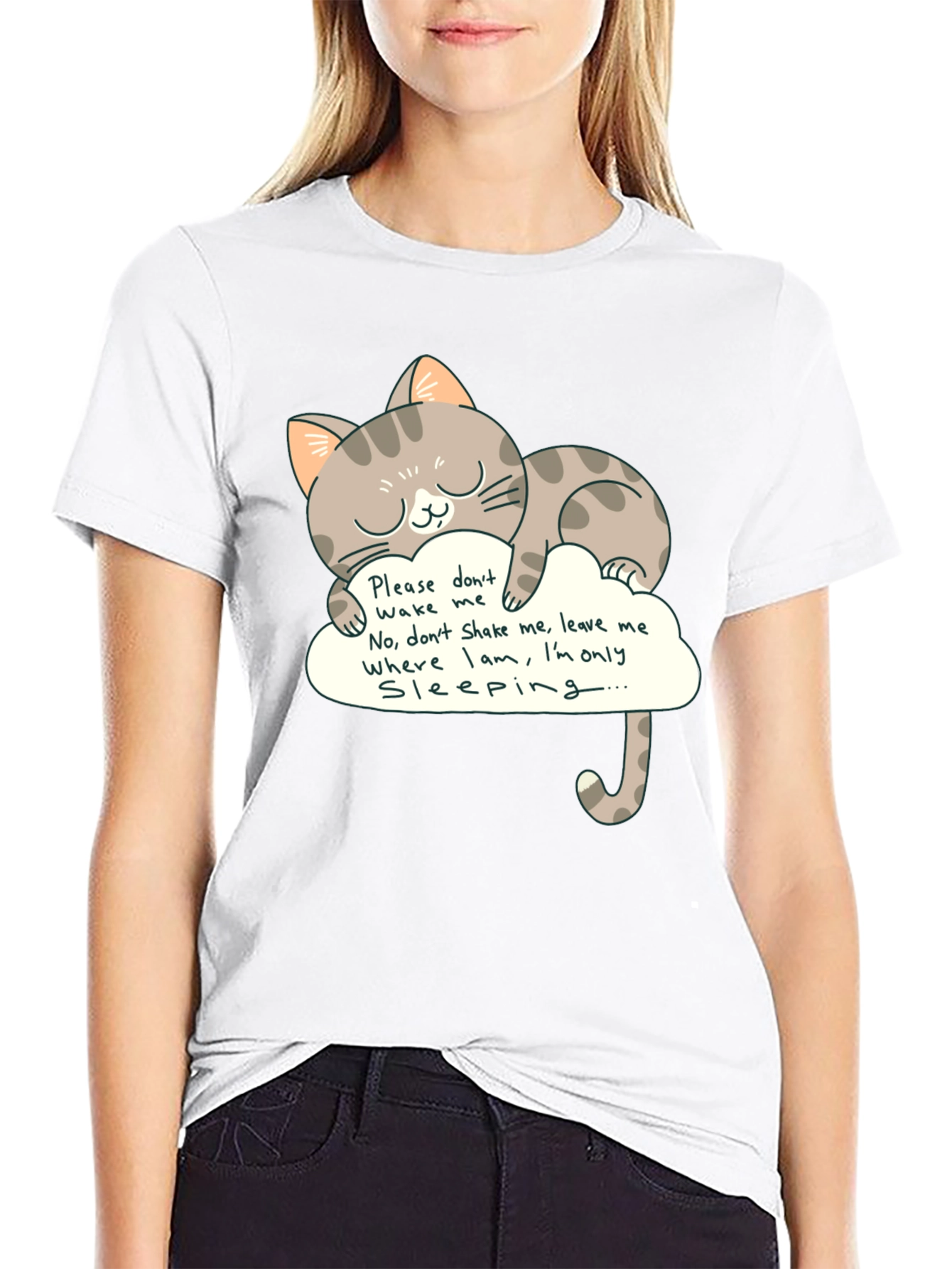 Cute Cat Sleeping on Cloud Graphic Tee - Black