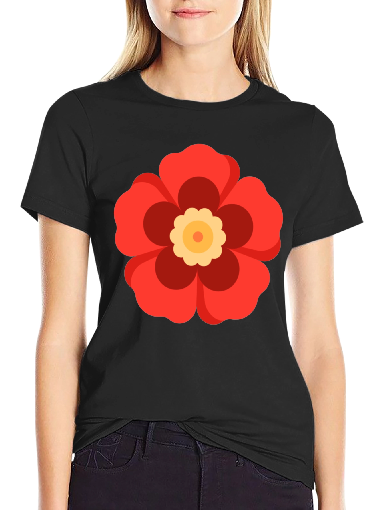 Black T-Shirt with Red Flower Graphic