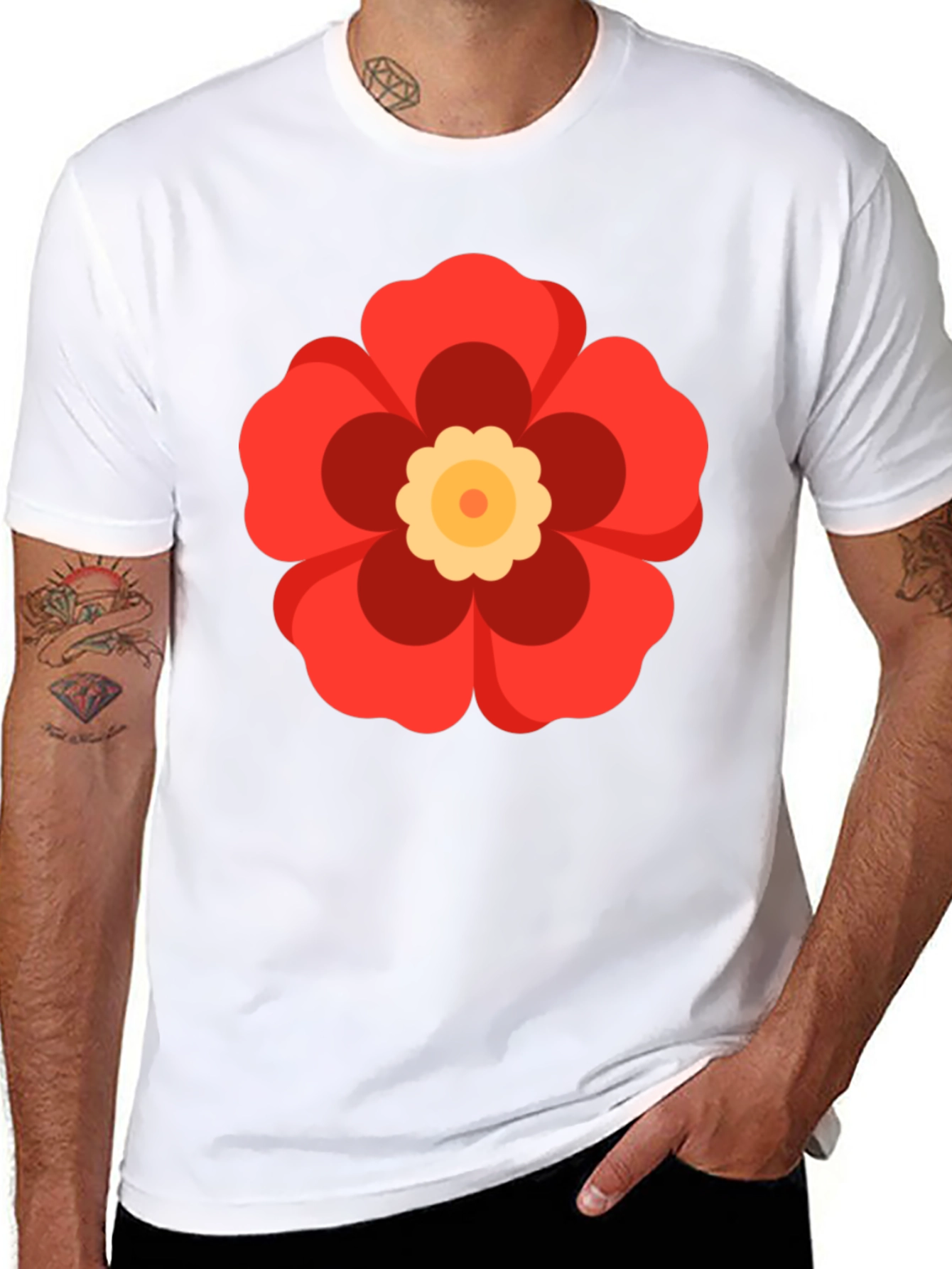 Black T-Shirt with Red Flower Graphic